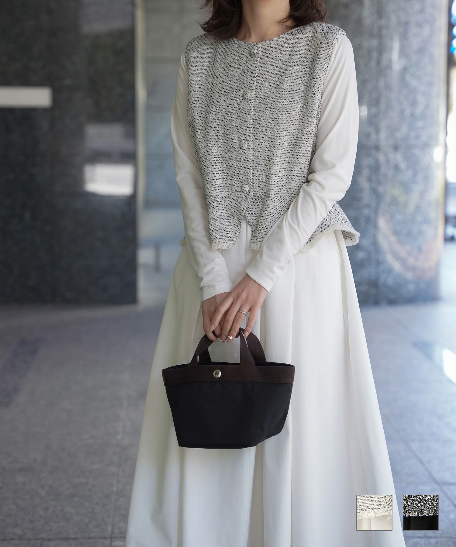 ツイード ジレスタイル ワンピース HUIT ホワイト ブラック