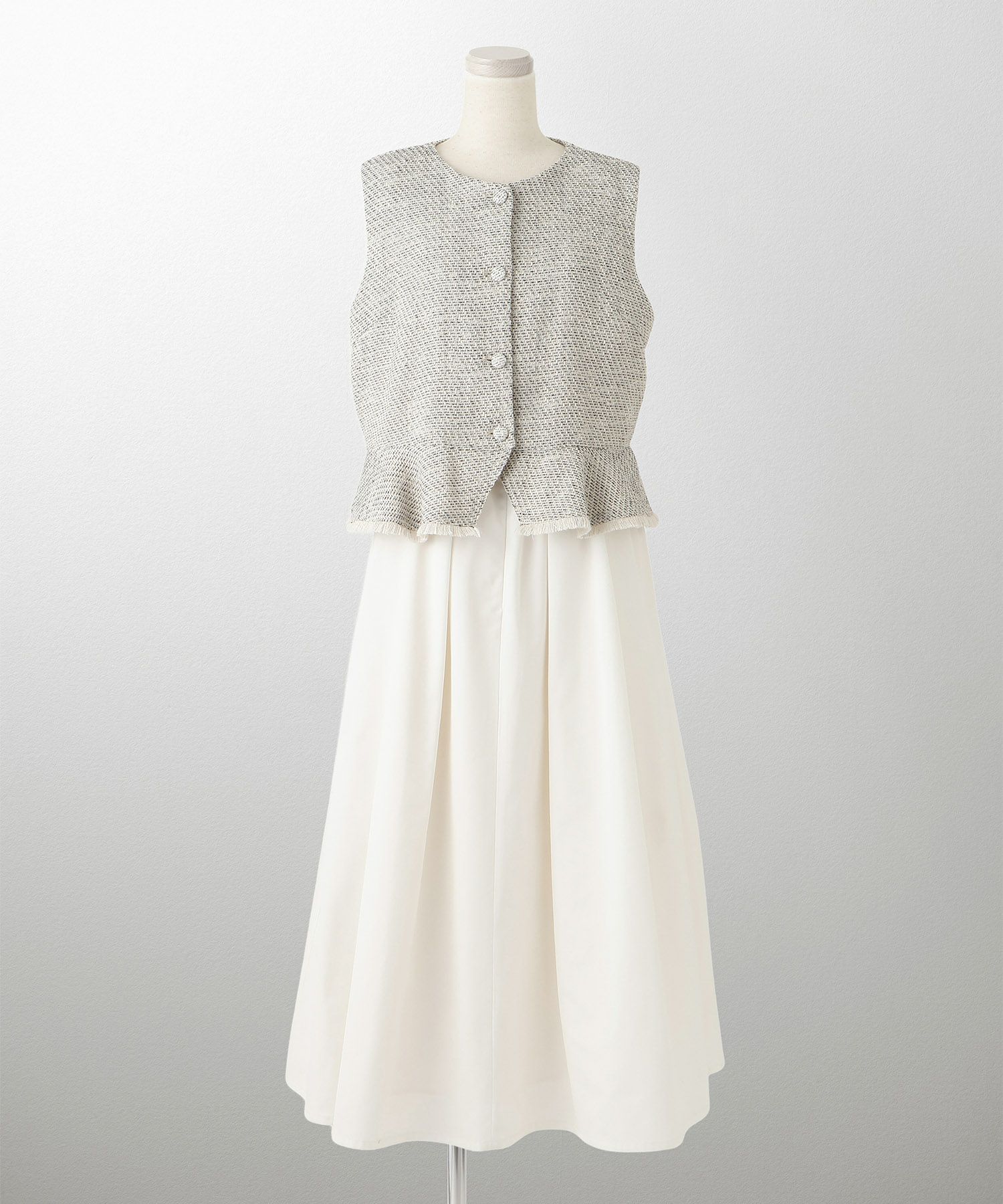 レディース ミックスツイード ノースリーブ ドッキングワンピース/ホワイト/ブラック/M/ロング丈