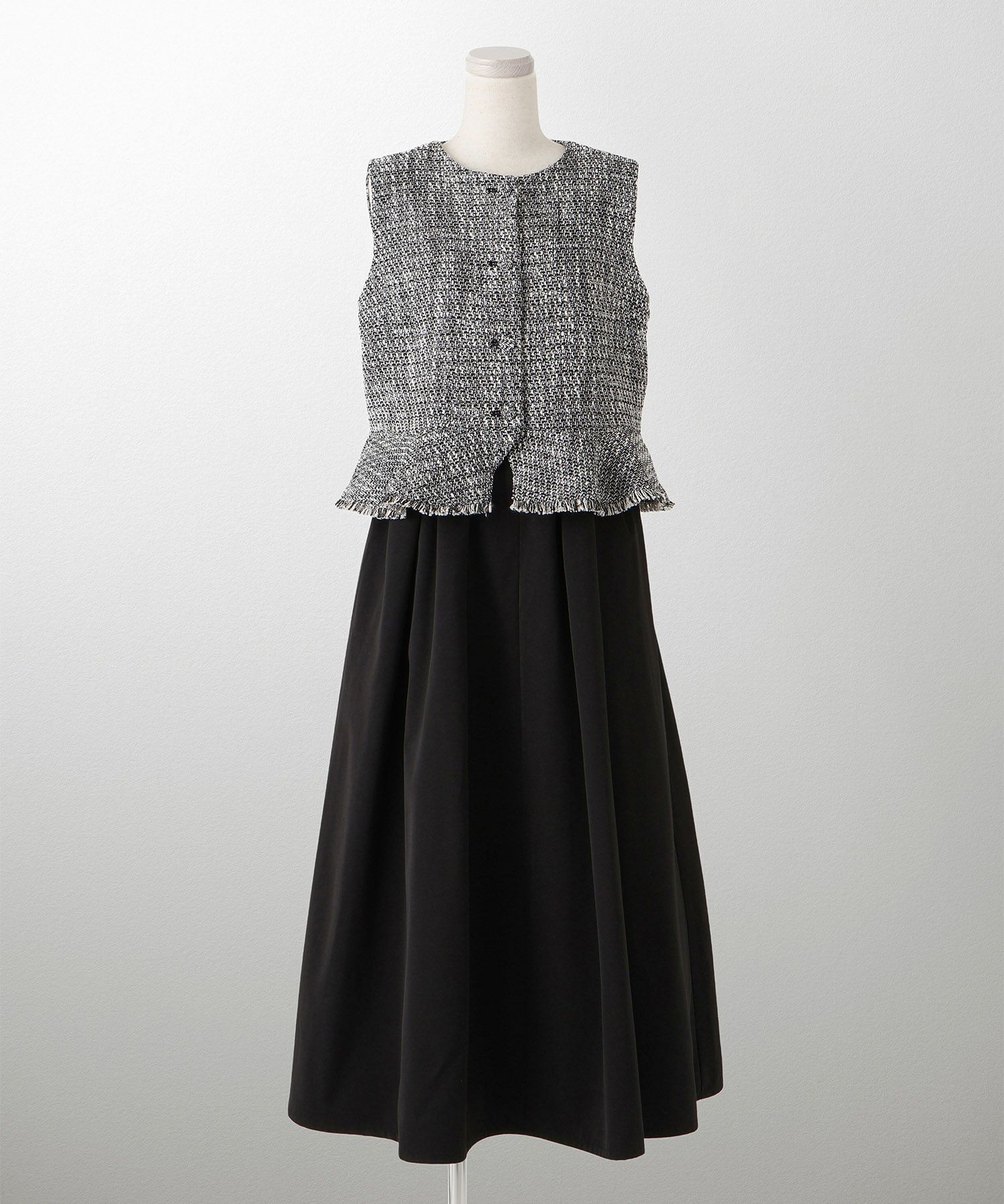 レディース ミックスツイード ノースリーブ ドッキングワンピース/ホワイト/ブラック/M/ロング丈