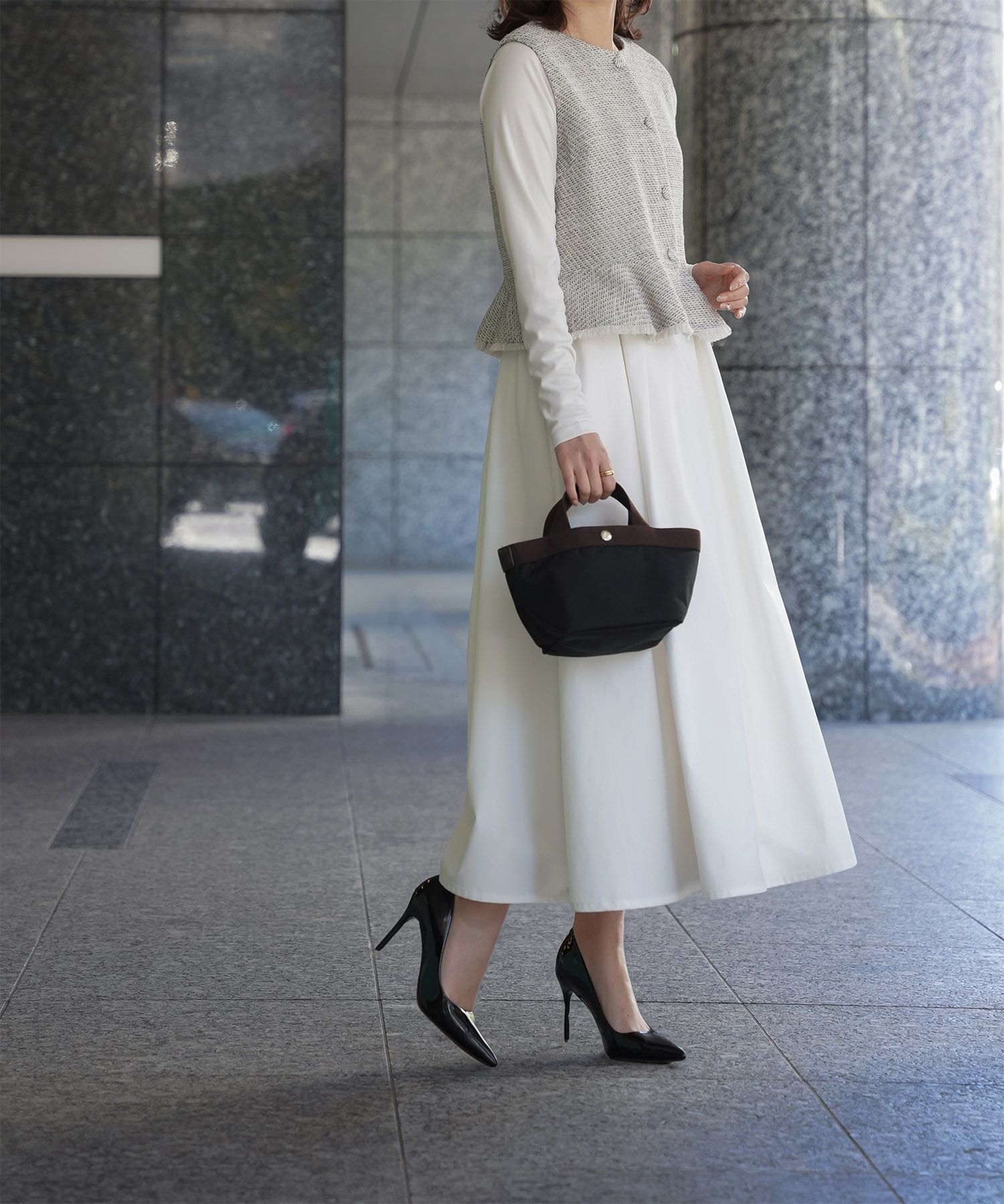 レディース ミックスツイード ノースリーブ ドッキングワンピース/ホワイト/ブラック/M/ロング丈