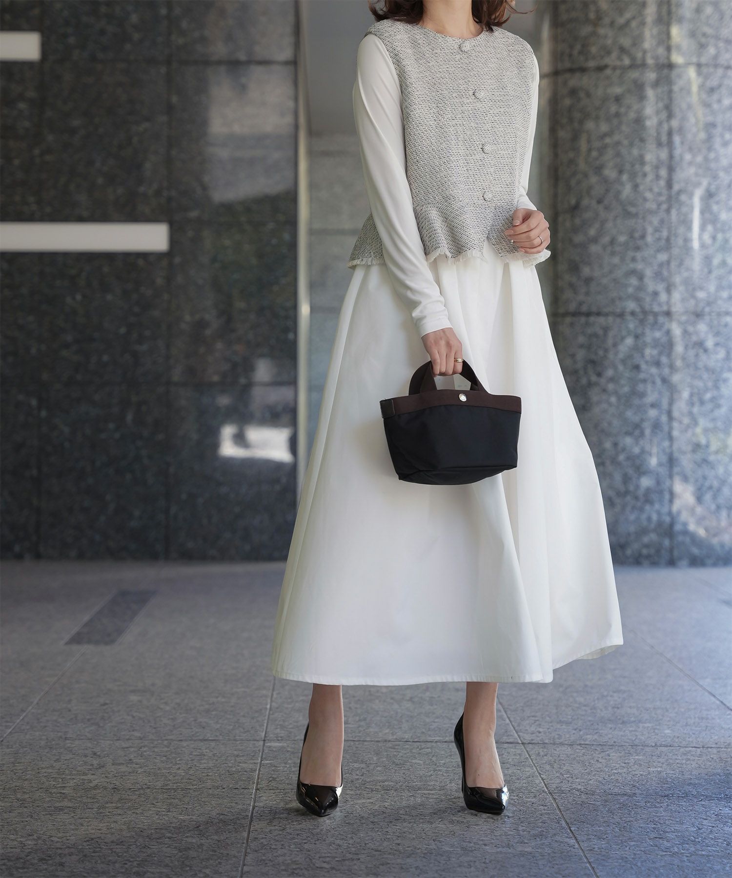 レディース ミックスツイード ノースリーブ ドッキングワンピース/ホワイト/ブラック/M/ロング丈