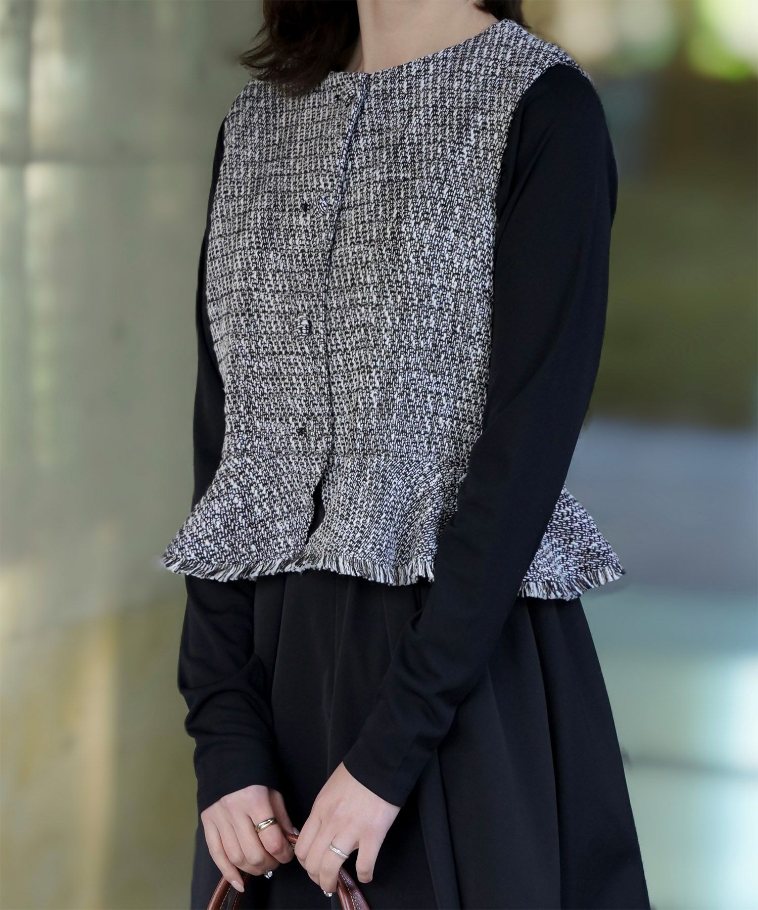 レディース ミックスツイード ノースリーブ ドッキングワンピース/ホワイト/ブラック/M/ロング丈