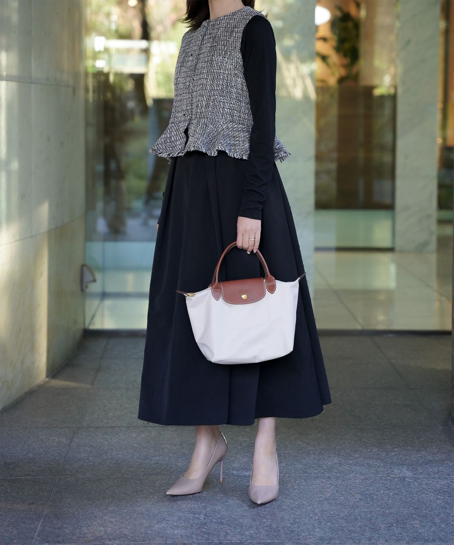 レディース ミックスツイード ノースリーブ ドッキングワンピース/ホワイト/ブラック/M/ロング丈