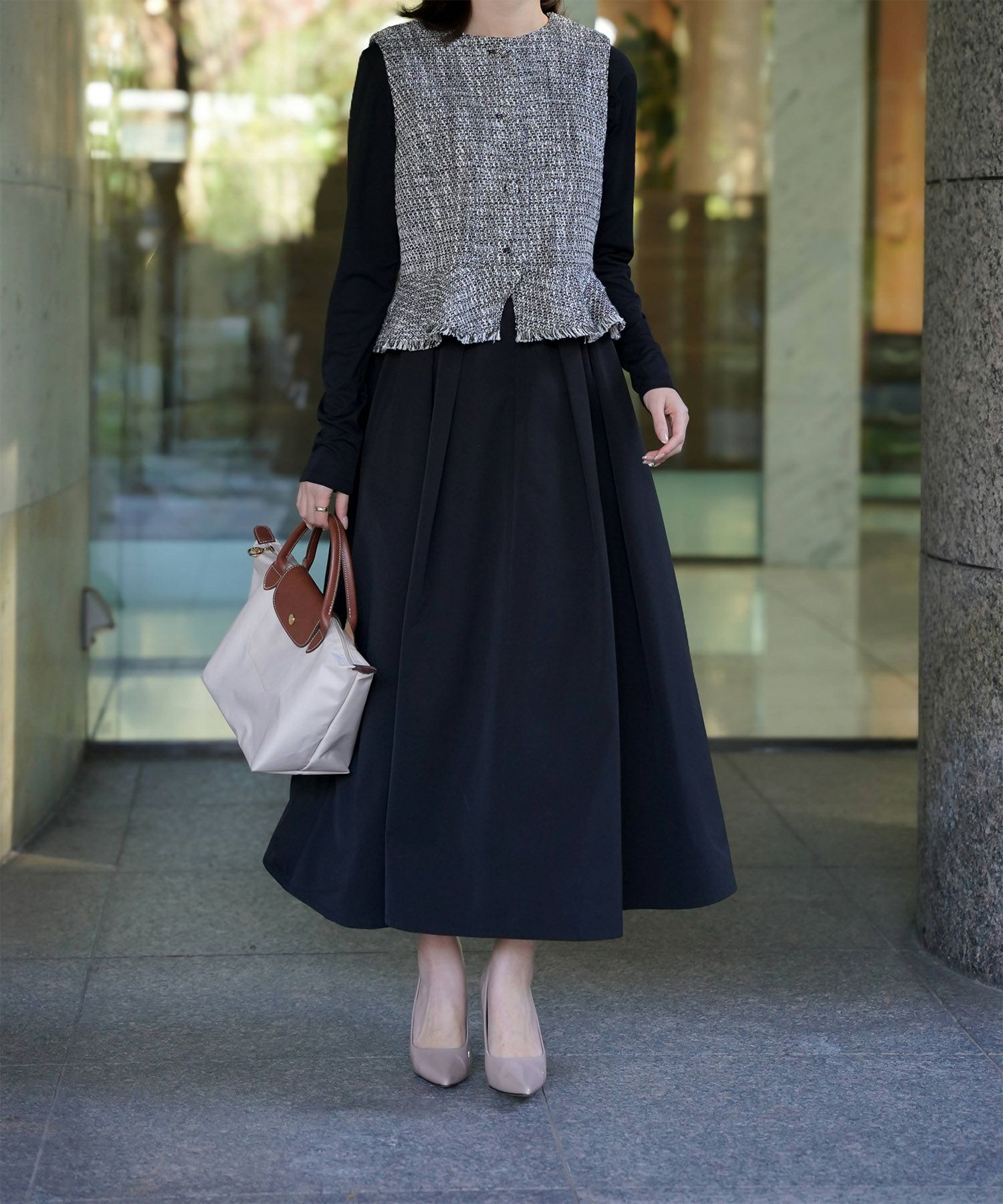 レディース ミックスツイード ノースリーブ ドッキングワンピース/ホワイト/ブラック/M/ロング丈