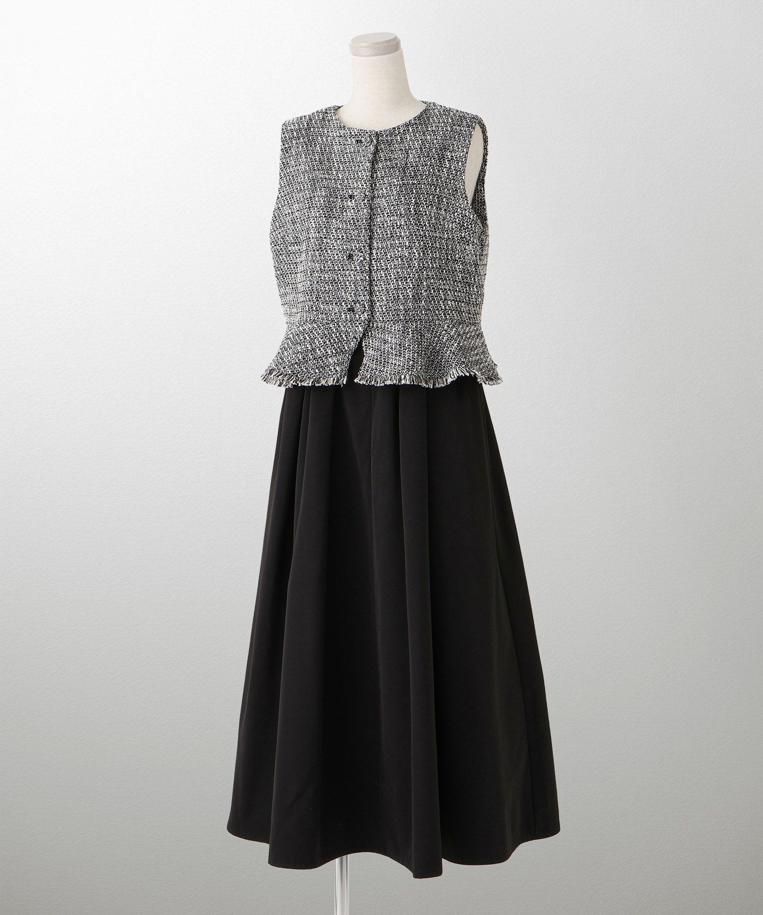 レディース ミックスツイード ノースリーブ ドッキングワンピース/ホワイト/ブラック/M/ロング丈