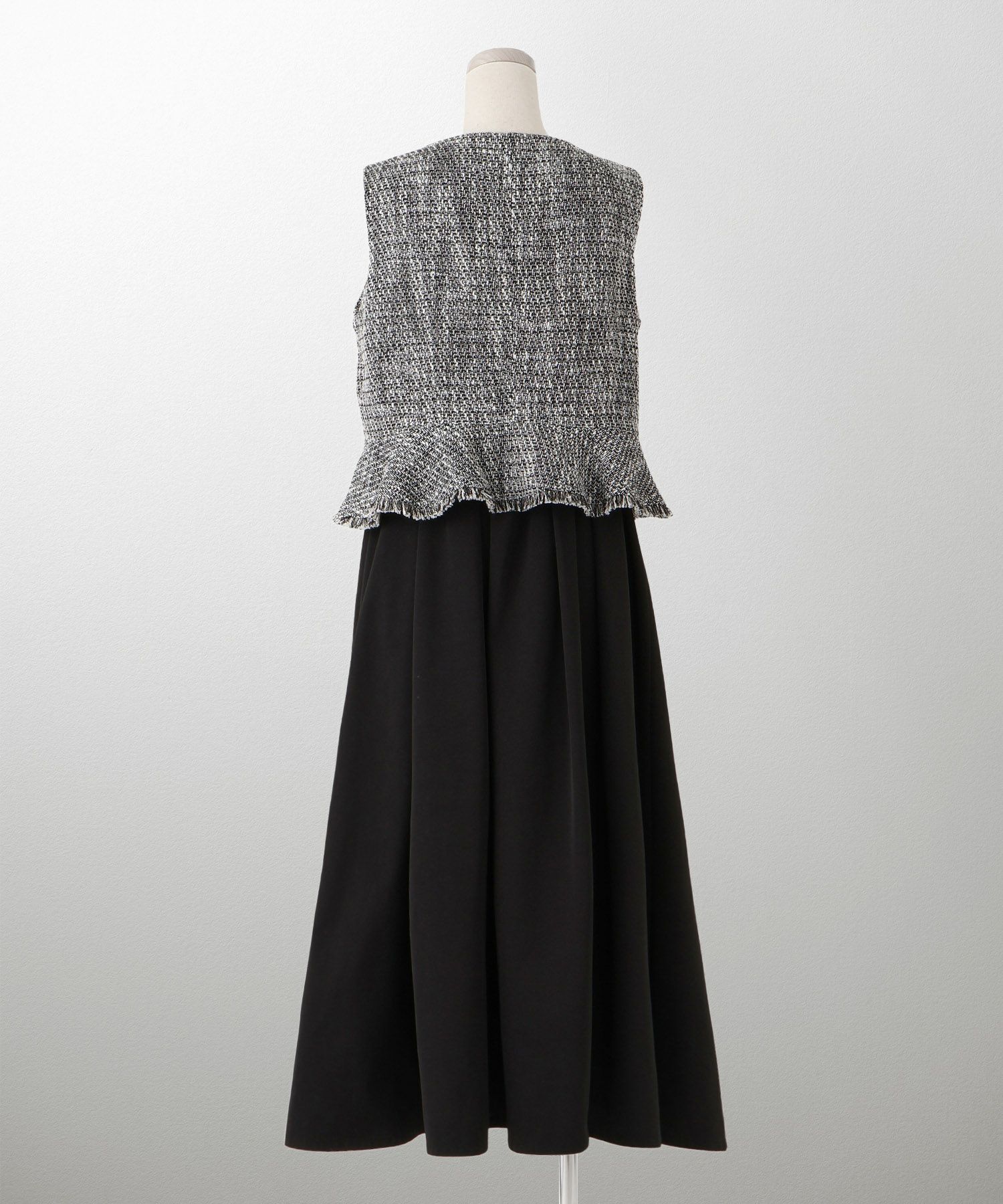 レディース ミックスツイード ノースリーブ ドッキングワンピース/ホワイト/ブラック/M/ロング丈