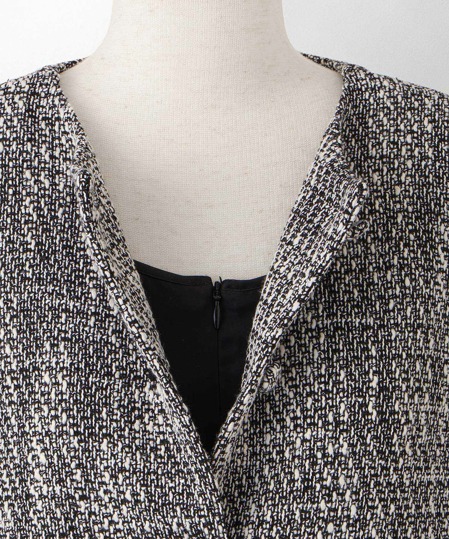 レディース ミックスツイード ノースリーブ ドッキングワンピース/ホワイト/ブラック/M/ロング丈