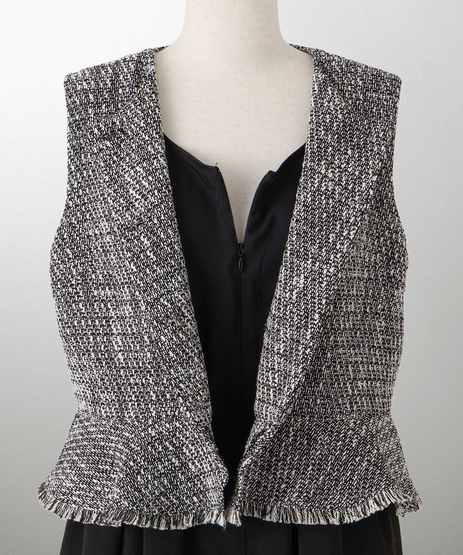 レディース ミックスツイード ノースリーブ ドッキングワンピース/ホワイト/ブラック/M/ロング丈