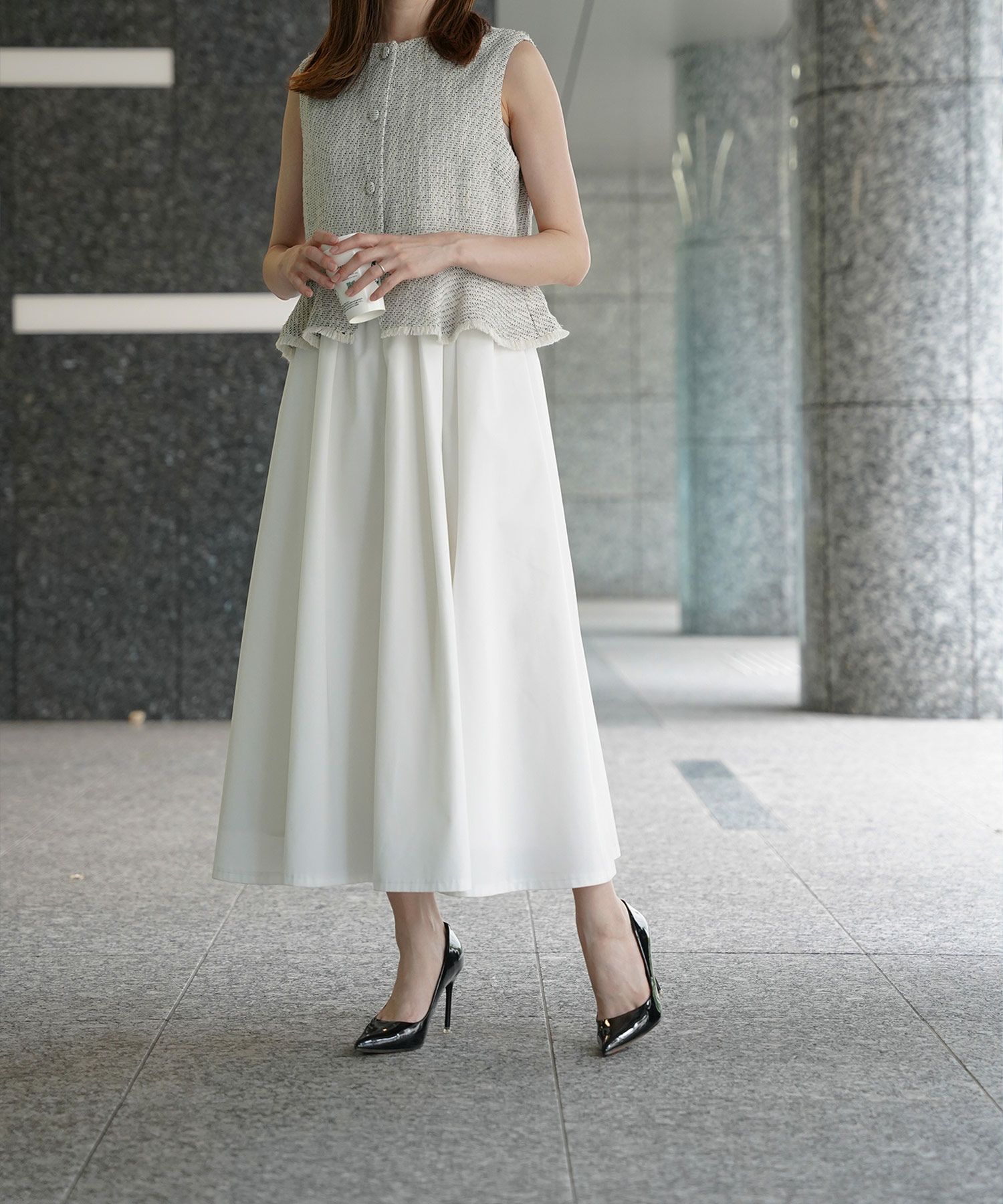 レディース ミックスツイード ノースリーブ ドッキングワンピース/ホワイト/ブラック/M/ロング丈