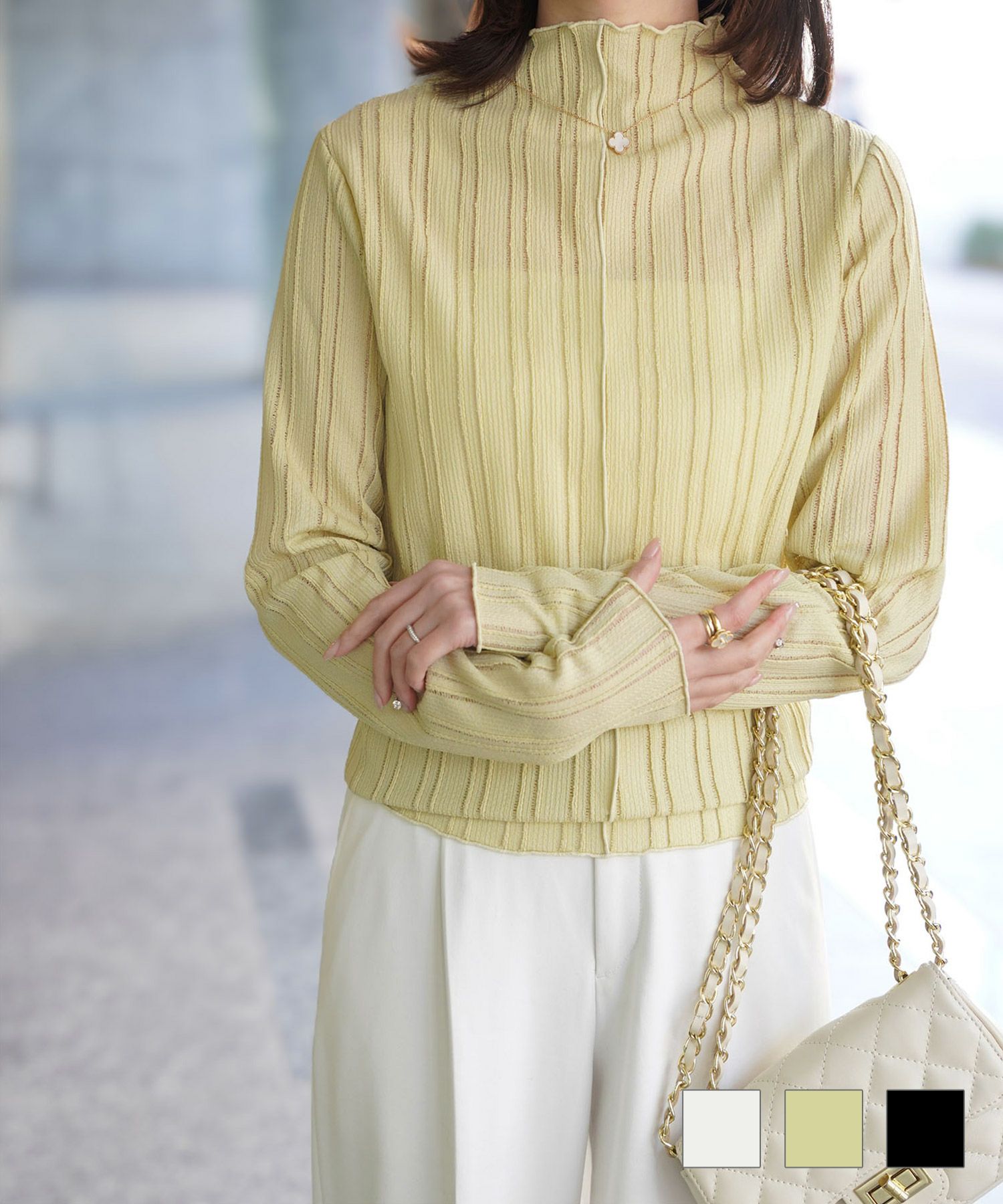 リップルネック ボトル プルオーバー トップス HUIT ホワイト/ライトグリーン/ブラック 