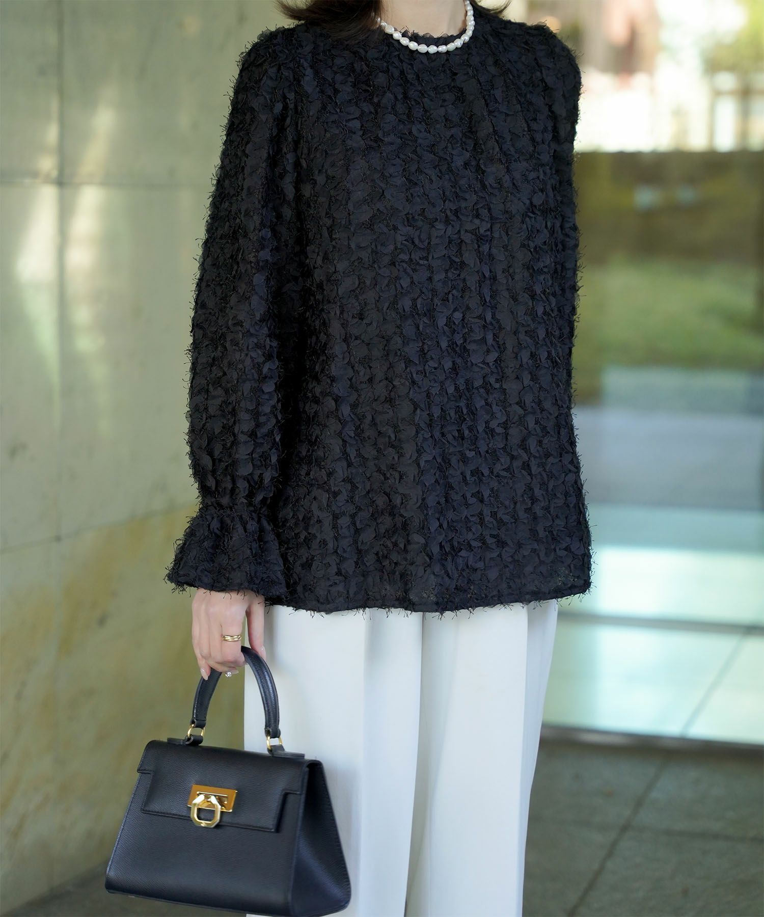 レディース モチーフ チュール フリル/アイボリー/ブラック/M/2way/フェザー/長袖