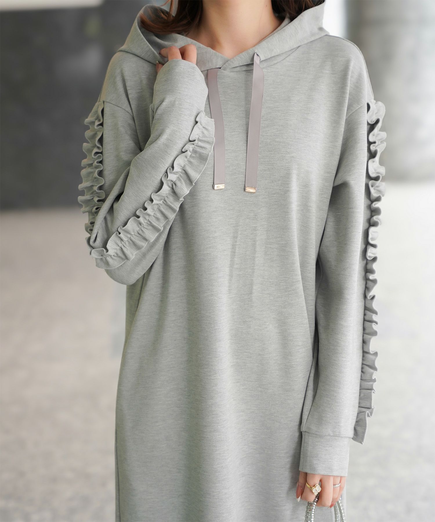 レディース 春 秋 ポンチ素材 カジュアル 上品/グレー/ブラック/M/プチフリル/ポケット/長袖