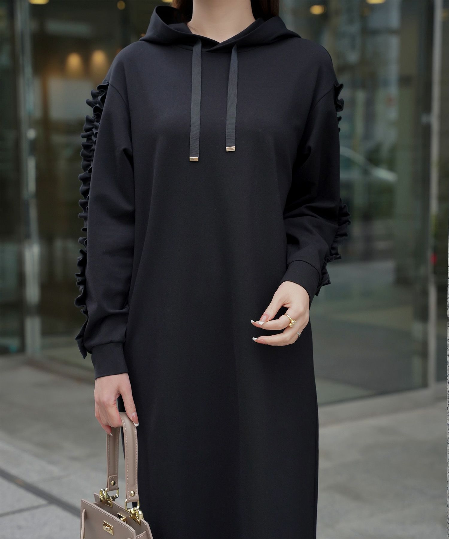 レディース 春 秋 ポンチ素材 カジュアル 上品/グレー/ブラック/M/プチフリル/ポケット/長袖