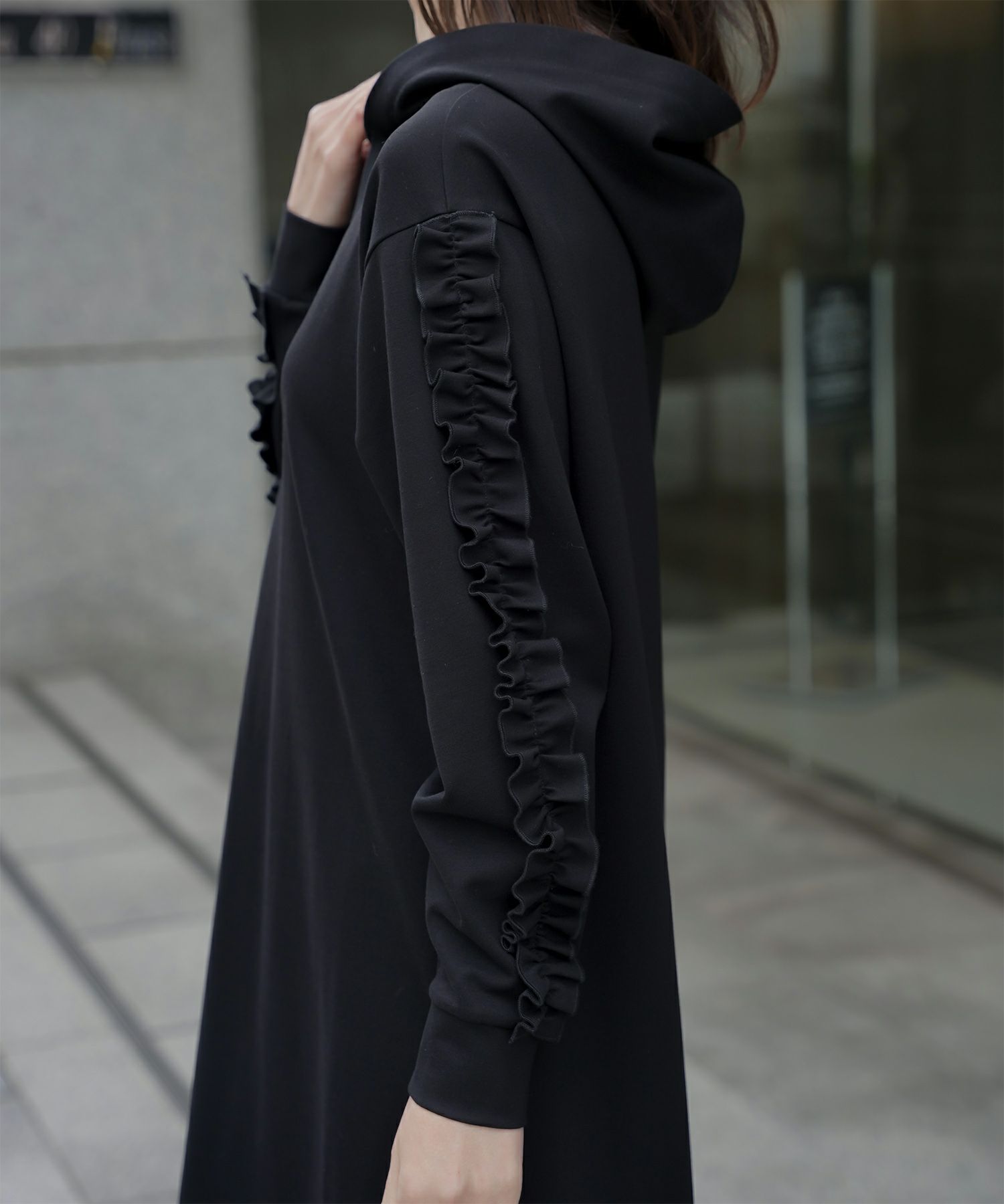 レディース 春 秋 ポンチ素材 カジュアル 上品/グレー/ブラック/M/プチフリル/ポケット/長袖