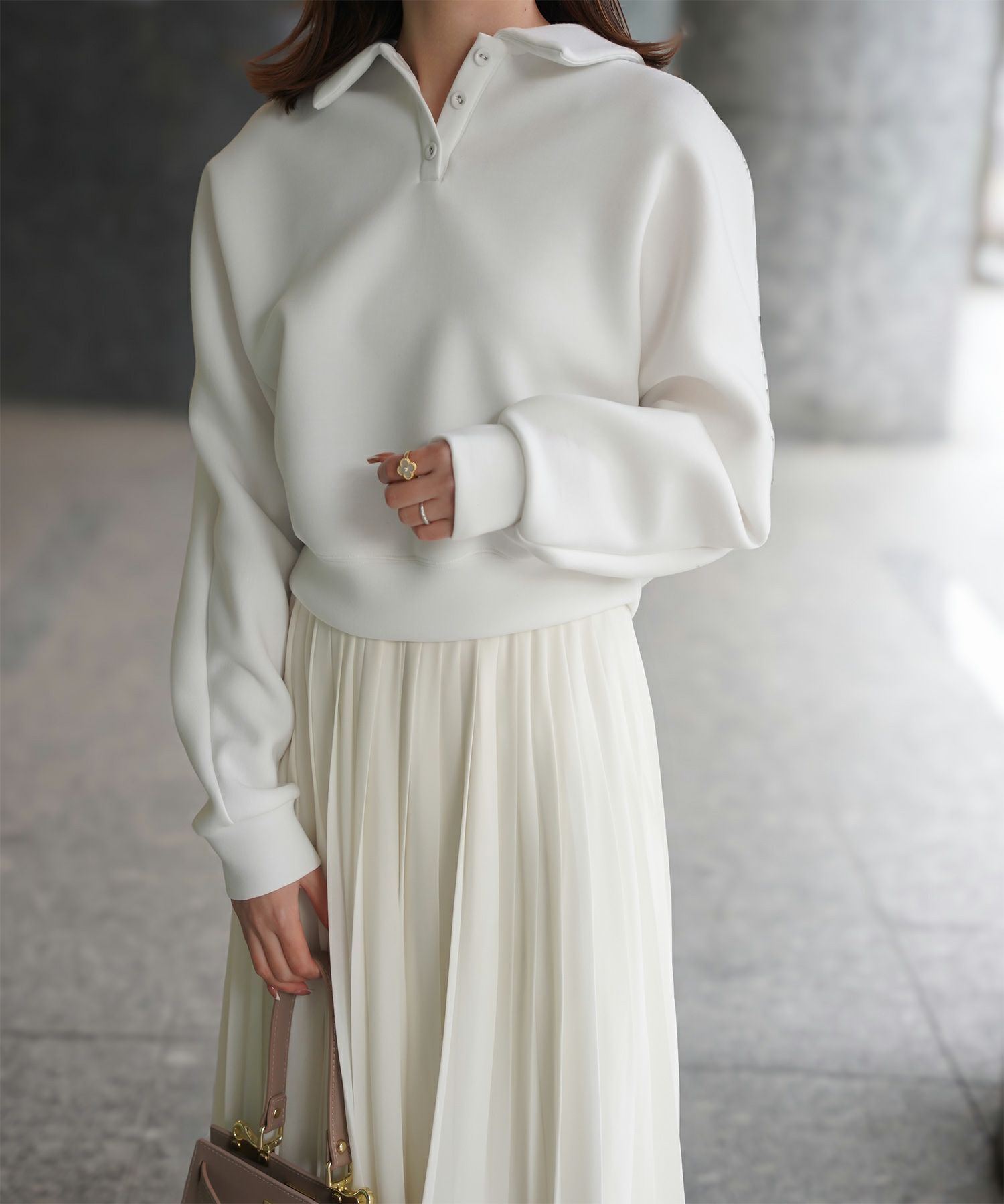 レディース 春 プルオーバー 上品 カジュアル/ホワイト/グレー/ブラック/M/ポロ襟/長袖