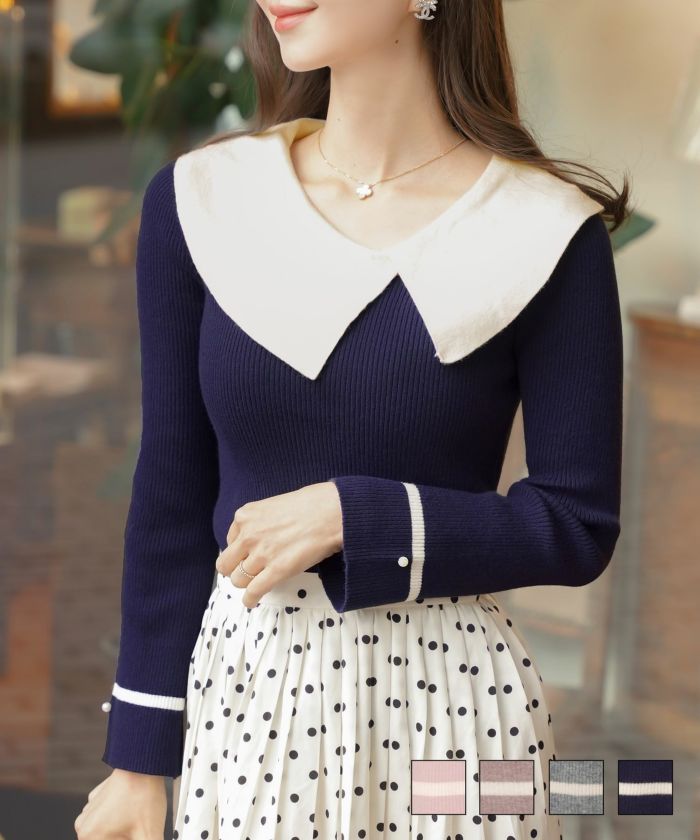 アシメカラークラシカルニットトップスlerevevanillerピンク/モカ/チャコール/ネイビー