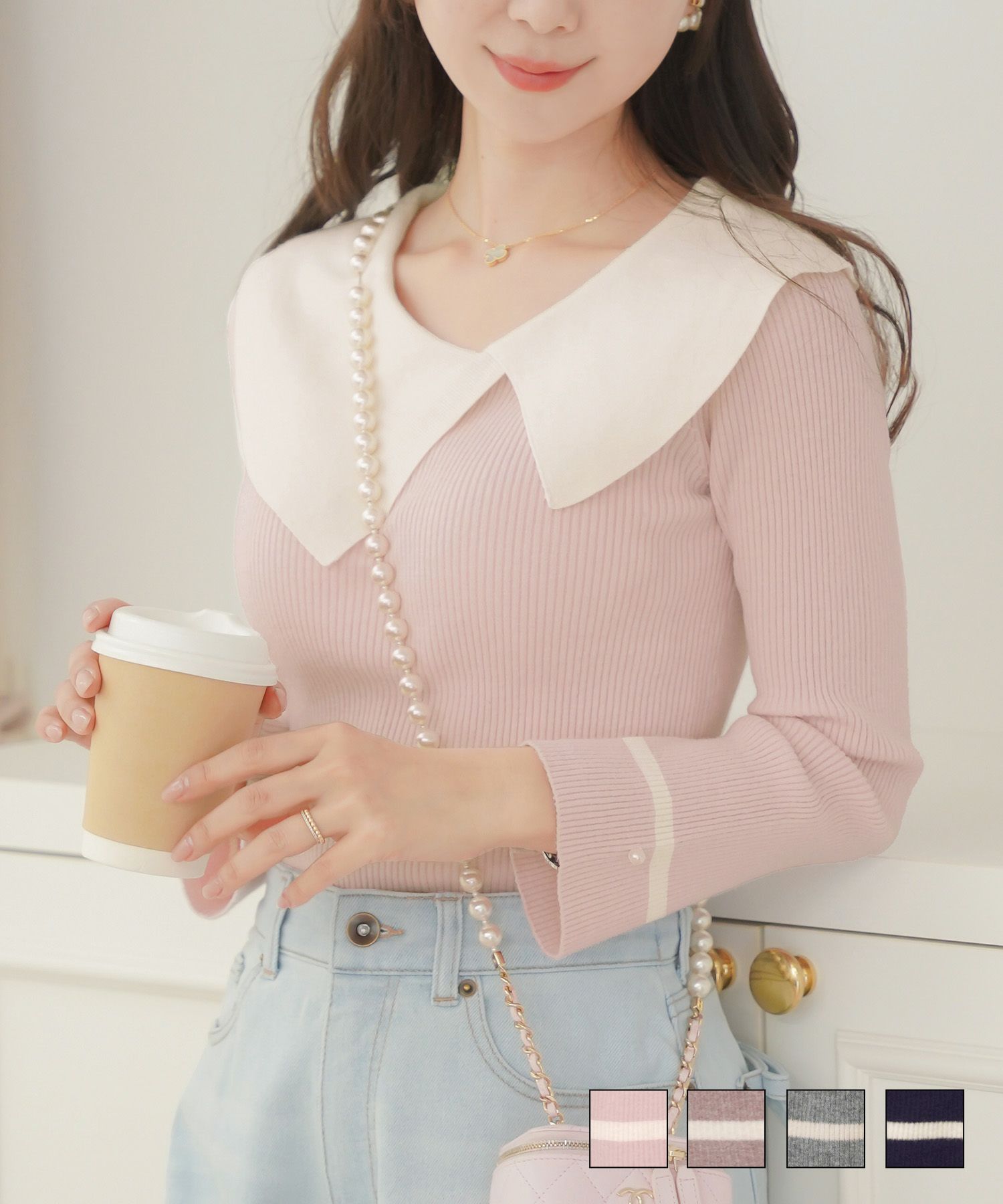 アシメカラークラシカルニットトップスlerevevanillerピンク/モカ/チャコール/ネイビー