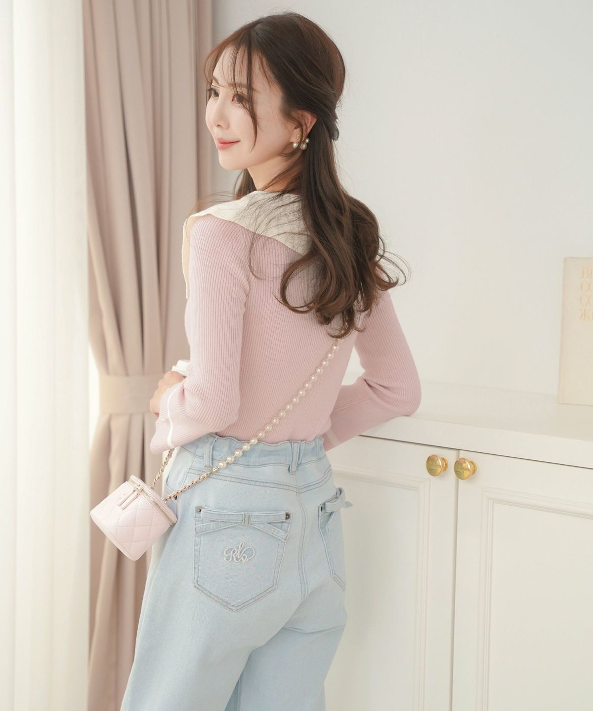 レディース/トップス/ニット/アシメカラー/襟/バイカラー/配色/パール/長袖/ハイゲージ/ピンク/モカ/チャコール/ネイビー/春/秋/冬/伸縮/上品/フェミニン/エレガント/かわいい/大人