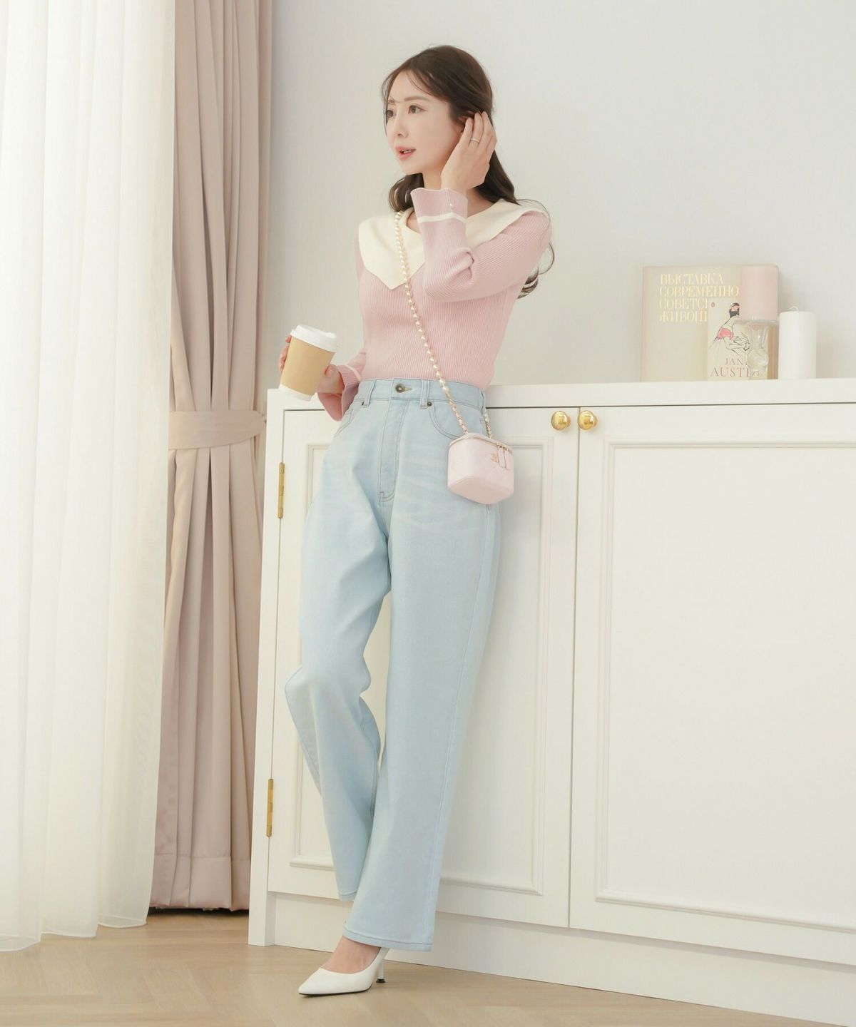 レディース/トップス/ニット/アシメカラー/襟/バイカラー/配色/パール/長袖/ハイゲージ/ピンク/モカ/チャコール/ネイビー/春/秋/冬/伸縮/上品/フェミニン/エレガント/かわいい/大人