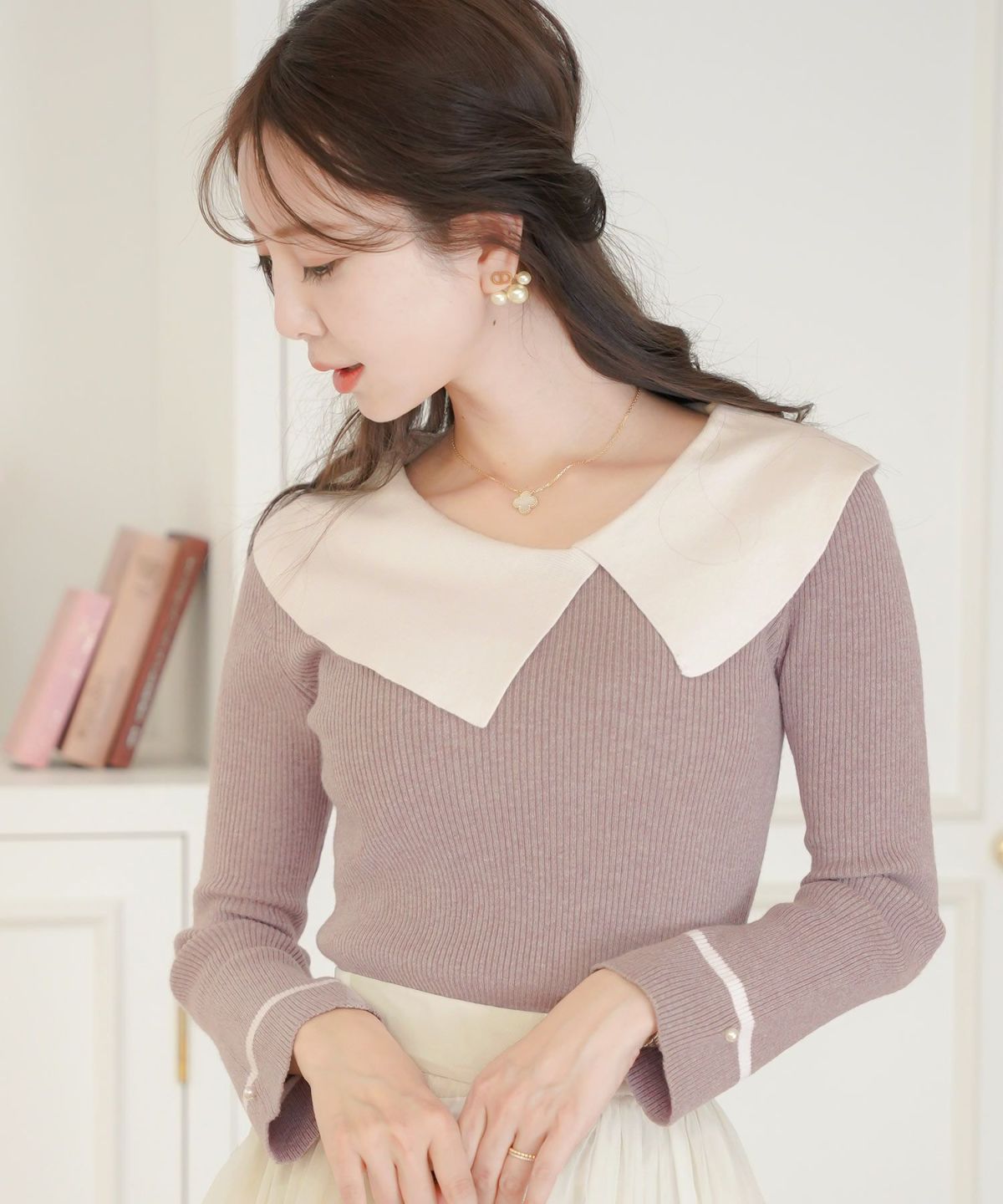 レディース/トップス/ニット/アシメカラー/襟/バイカラー/配色/パール/長袖/ハイゲージ/ピンク/モカ/チャコール/ネイビー/春/秋/冬/伸縮/上品/フェミニン/エレガント/かわいい/大人
