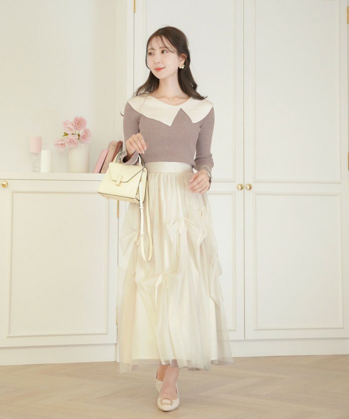 レディース/トップス/ニット/アシメカラー/襟/バイカラー/配色/パール/長袖/ハイゲージ/ピンク/モカ/チャコール/ネイビー/春/秋/冬/伸縮/上品/フェミニン/エレガント/かわいい/大人