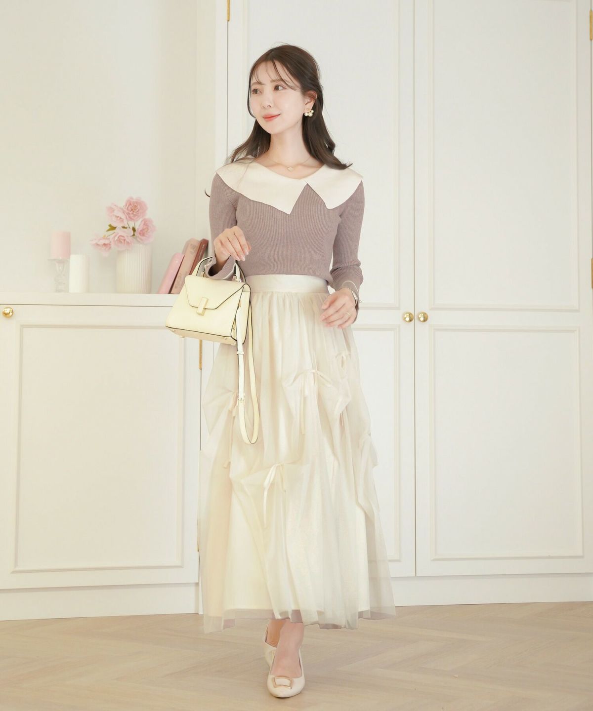 レディース/トップス/ニット/アシメカラー/襟/バイカラー/配色/パール/長袖/ハイゲージ/ピンク/モカ/チャコール/ネイビー/春/秋/冬/伸縮/上品/フェミニン/エレガント/かわいい/大人