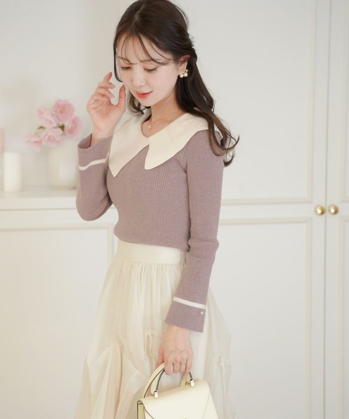 レディース/トップス/ニット/アシメカラー/襟/バイカラー/配色/パール/長袖/ハイゲージ/ピンク/モカ/チャコール/ネイビー/春/秋/冬/伸縮/上品/フェミニン/エレガント/かわいい/大人