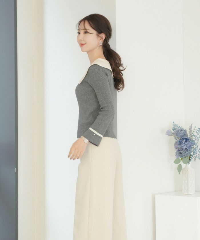 レディース/トップス/ニット/アシメカラー/襟/バイカラー/配色/パール/長袖/ハイゲージ/ピンク/モカ/チャコール/ネイビー/春/秋/冬/伸縮/上品/フェミニン/エレガント/かわいい/大人