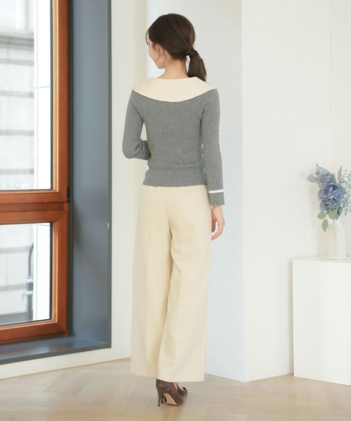 レディース/トップス/ニット/アシメカラー/襟/バイカラー/配色/パール/長袖/ハイゲージ/ピンク/モカ/チャコール/ネイビー/春/秋/冬/伸縮/上品/フェミニン/エレガント/かわいい/大人