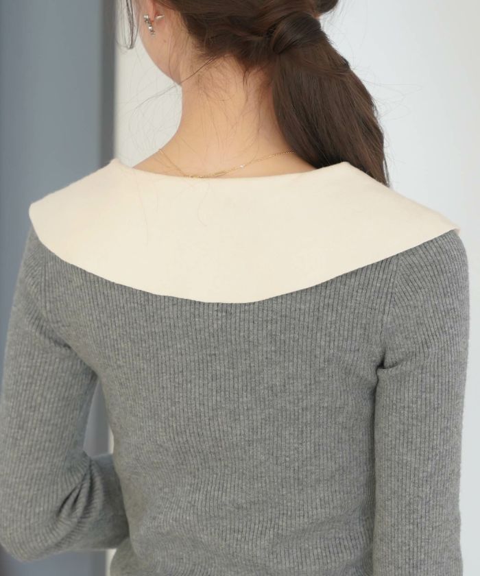 レディース/トップス/ニット/アシメカラー/襟/バイカラー/配色/パール/長袖/ハイゲージ/ピンク/モカ/チャコール/ネイビー/春/秋/冬/伸縮/上品/フェミニン/エレガント/かわいい/大人