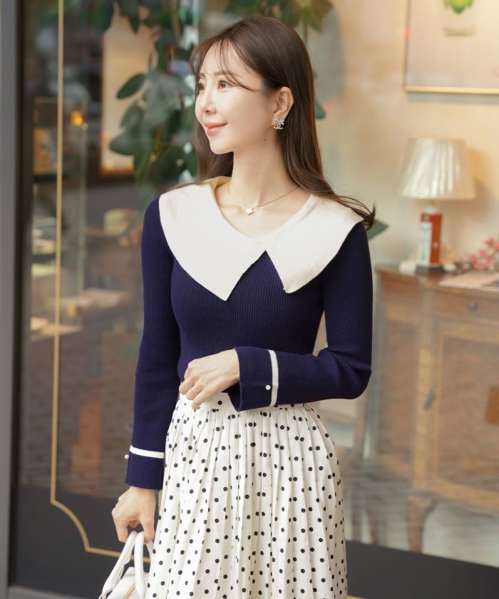 レディース/トップス/ニット/アシメカラー/襟/バイカラー/配色/パール/長袖/ハイゲージ/ピンク/モカ/チャコール/ネイビー/春/秋/冬/伸縮/上品/フェミニン/エレガント/かわいい/大人