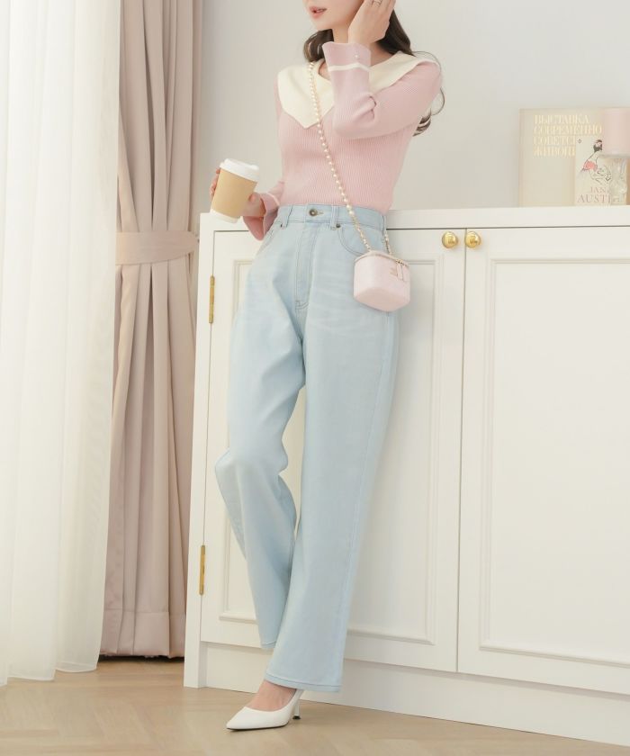 レディース/ボトムス/パンツ/デニムパンツ/ウエスト調整/ゴム/伸縮性/ストレッチ/刺繍/リボン/ライトブルー/ピンク/インディゴ/ネイビー/トレンド/ポケット/フルレングス/カジュアル/フェミニン/エレガント/上品/ママ/公園/夏/春/秋/冬/オールシーズン/かわいい