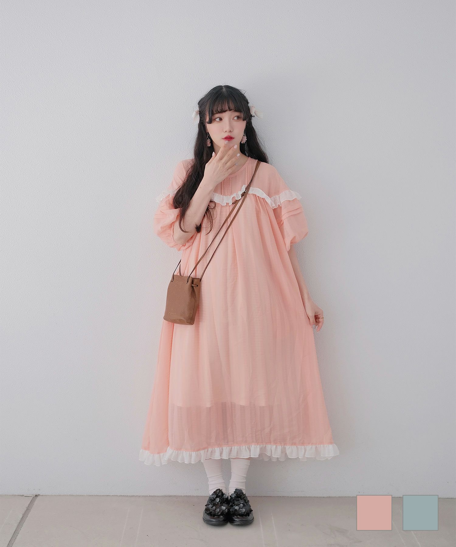 ギンガムチェック ワンピース miolite ピンクベージュ ブルーグリーン 