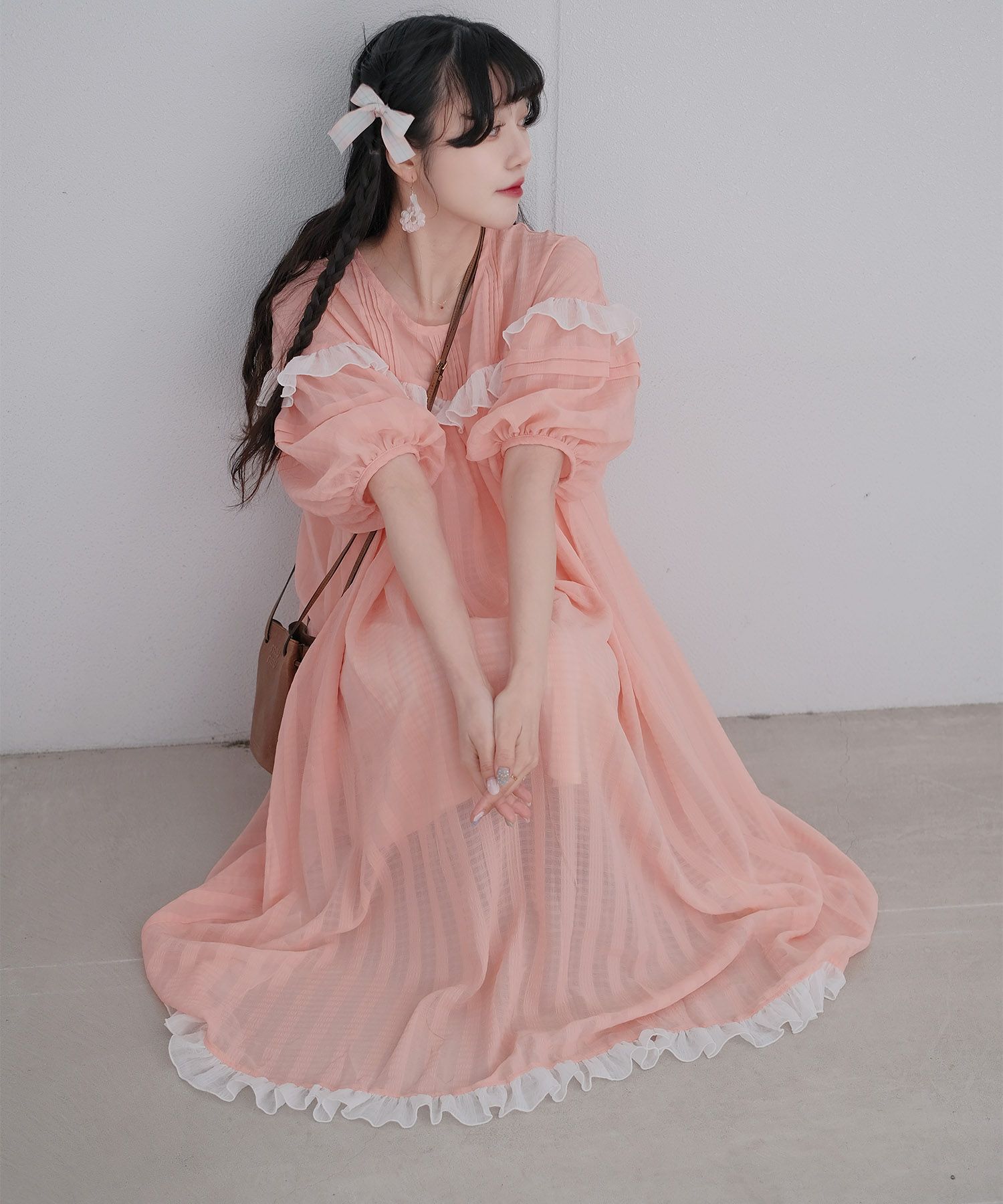 ギンガムチェック  ロング シアー フリル  ピンクベージュ/ブルーグリーン/M