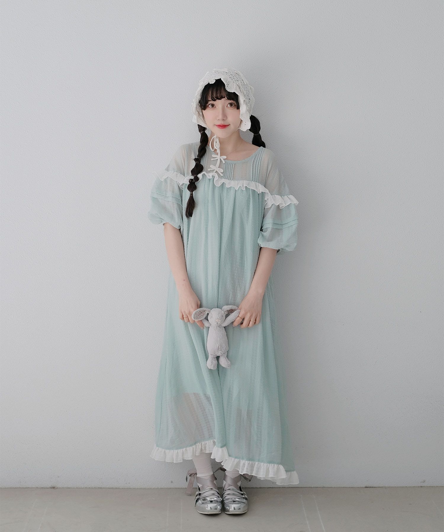 ギンガムチェック  ロング シアー フリル  ピンクベージュ/ブルーグリーン/M