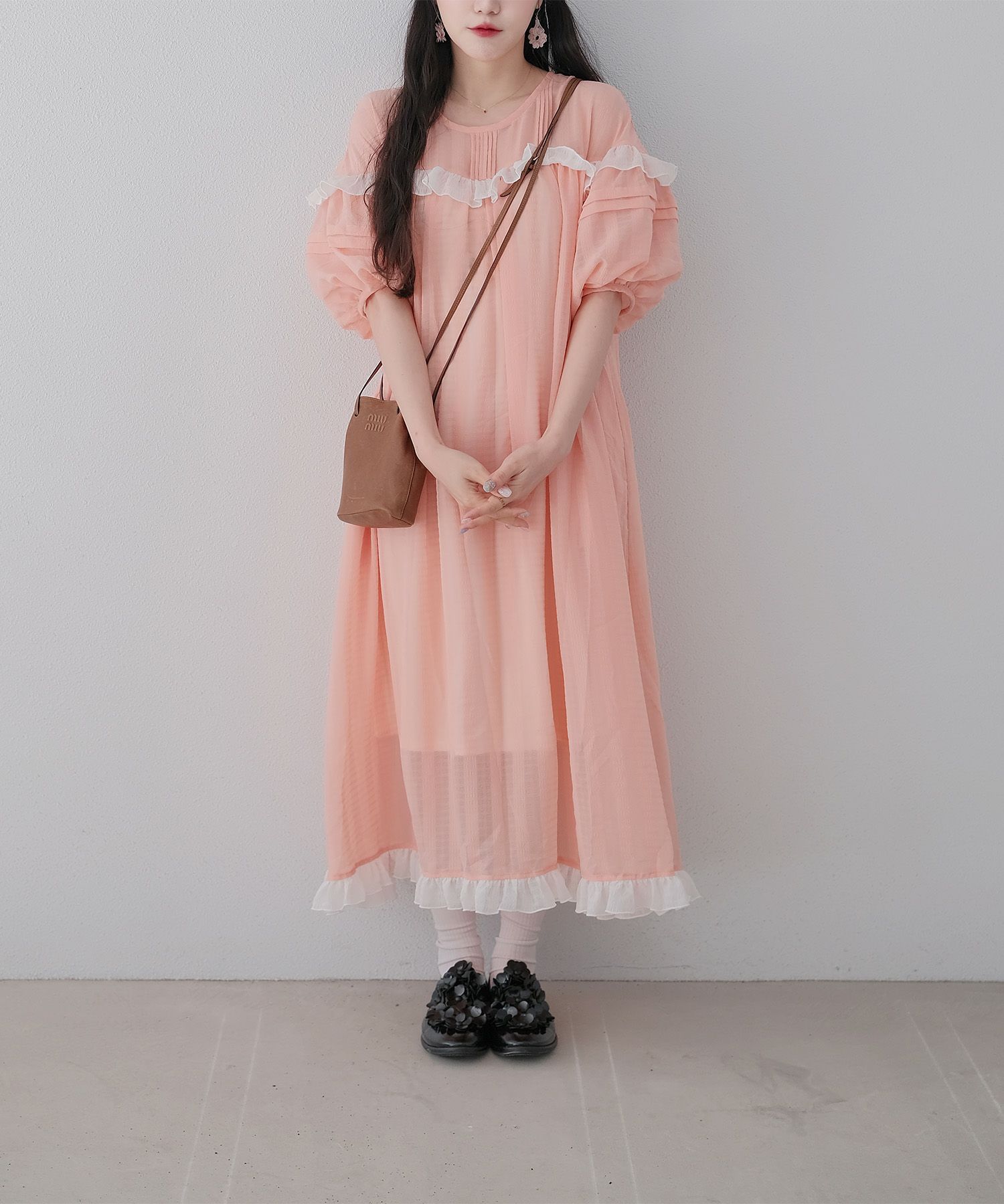 ギンガムチェック  ロング シアー フリル  ピンクベージュ/ブルーグリーン/M