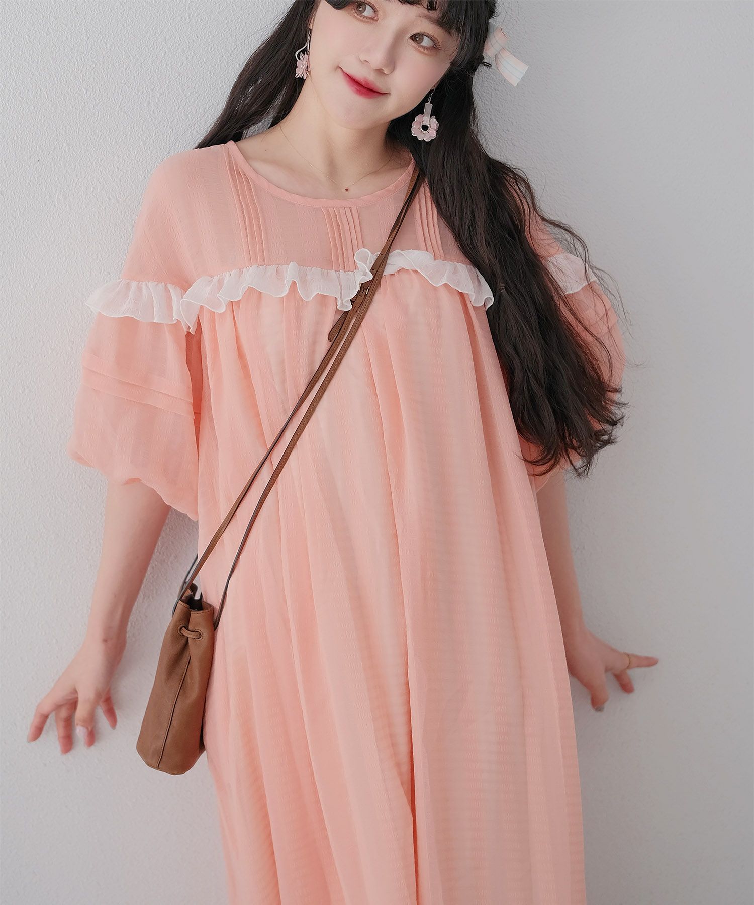 ギンガムチェック  ロング シアー フリル  ピンクベージュ/ブルーグリーン/M