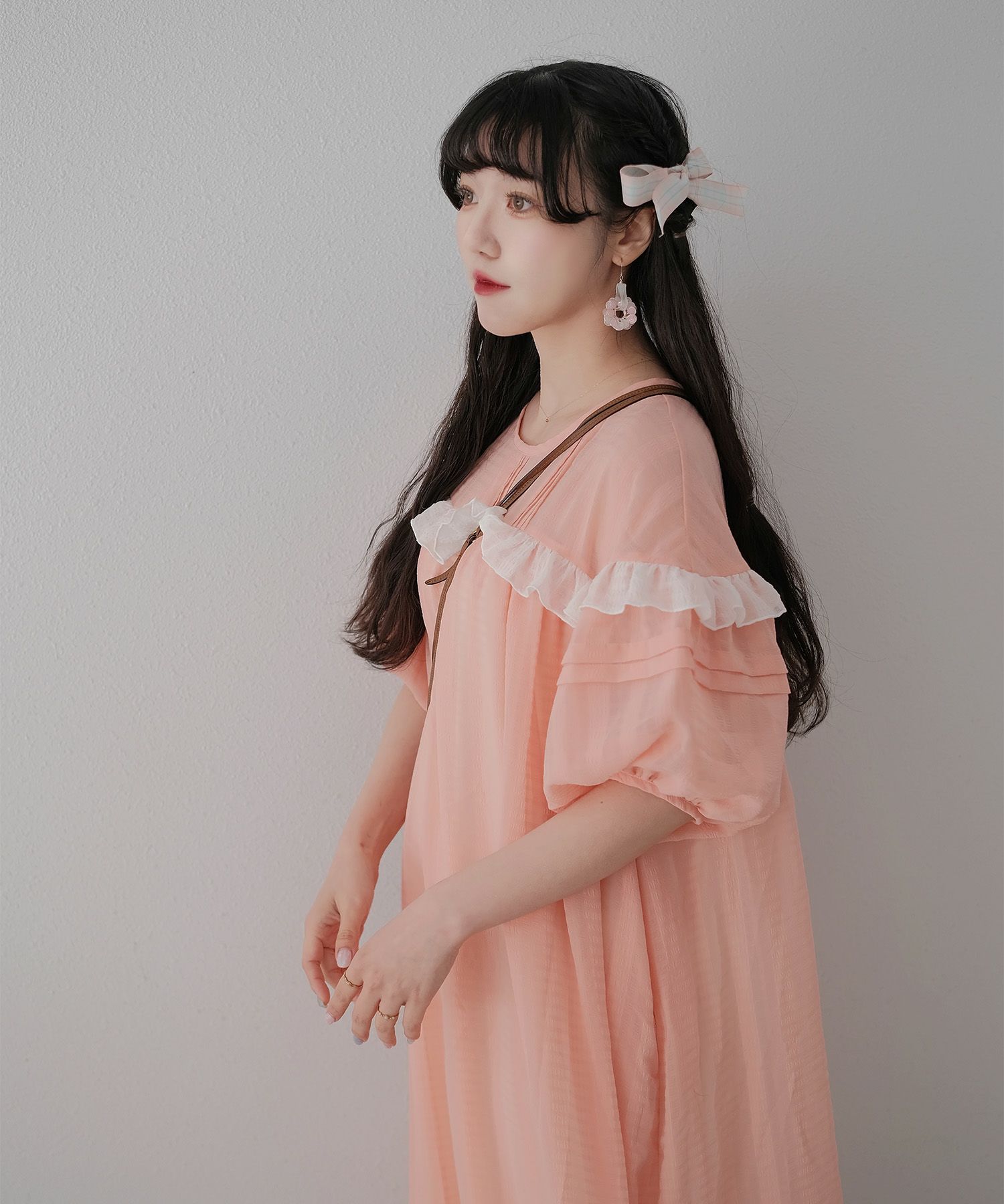 ギンガムチェック  ロング シアー フリル  ピンクベージュ/ブルーグリーン/M