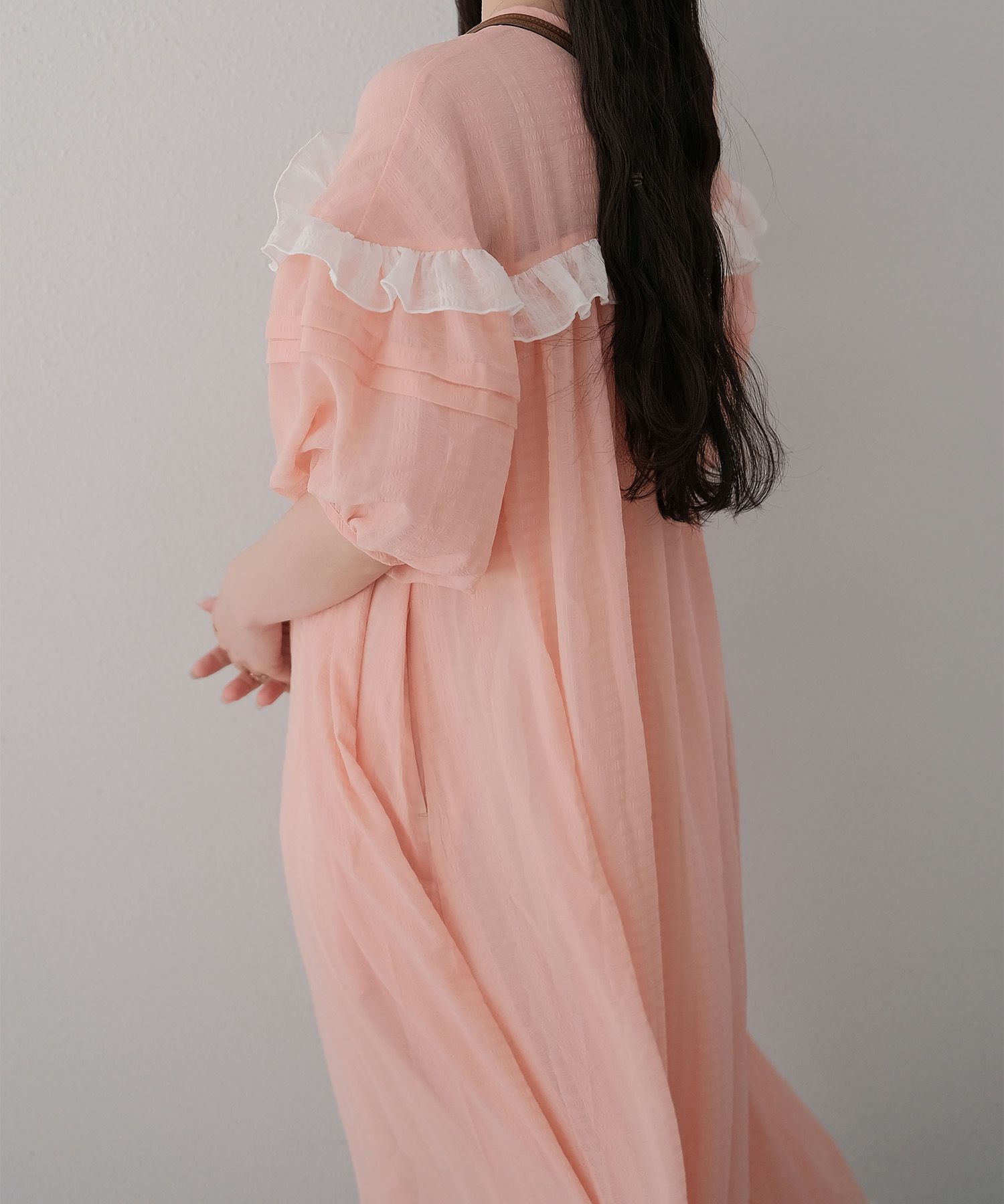 ギンガムチェック  ロング シアー フリル  ピンクベージュ/ブルーグリーン/M