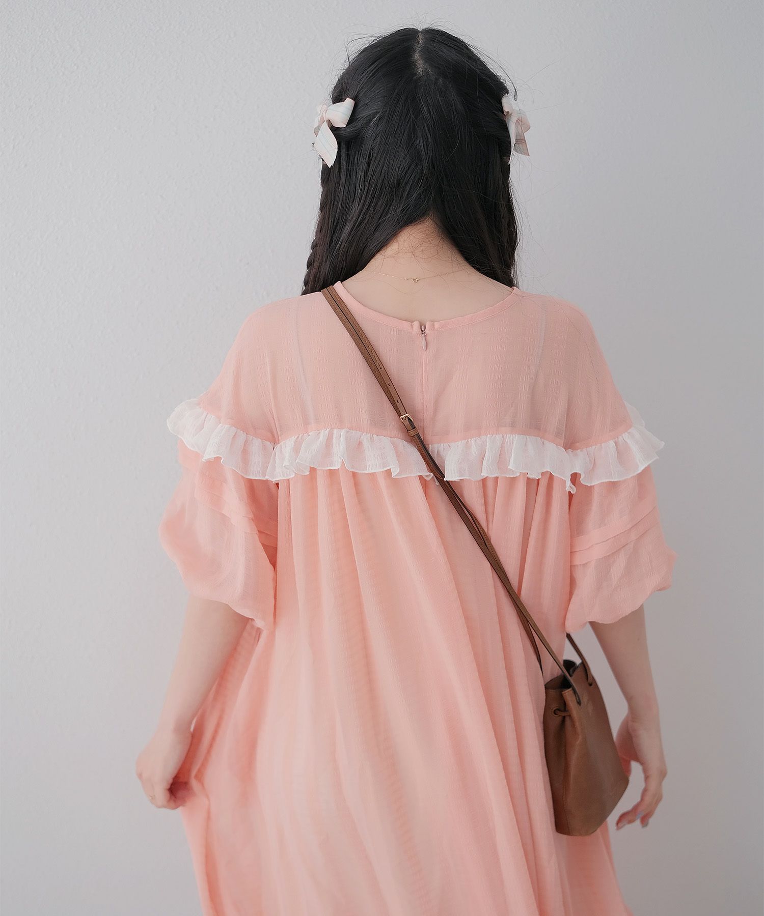 ギンガムチェック  ロング シアー フリル  ピンクベージュ/ブルーグリーン/M