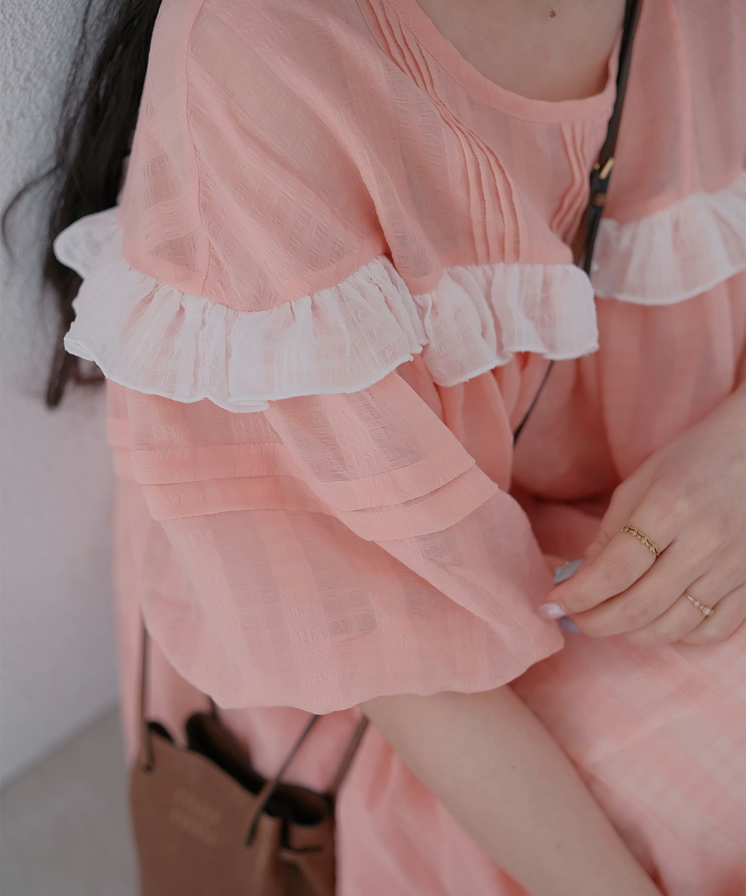 ギンガムチェック  ロング シアー フリル  ピンクベージュ/ブルーグリーン/M