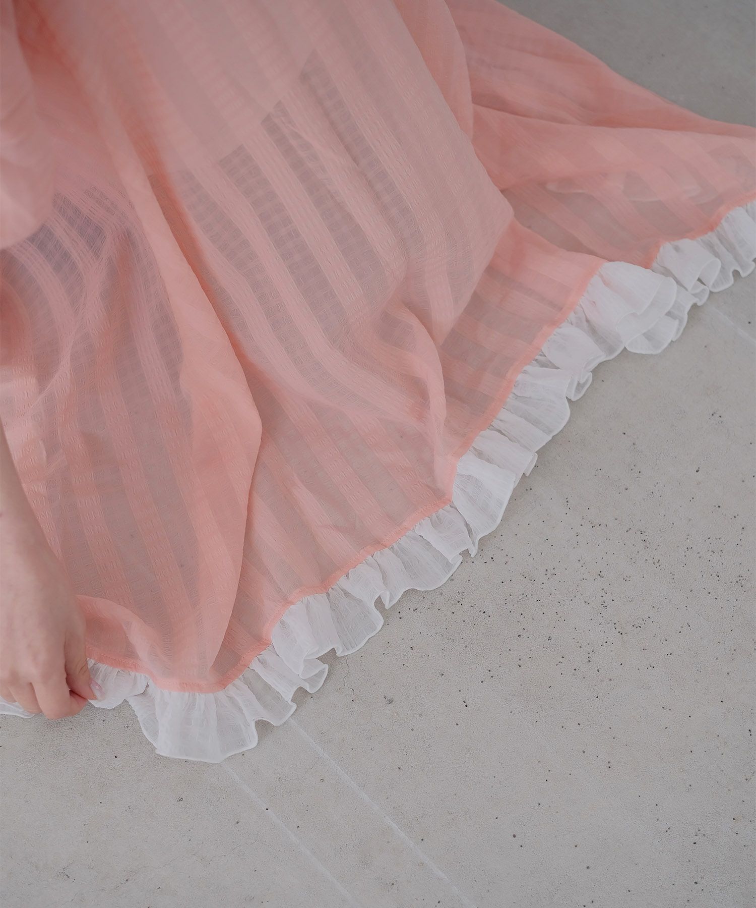 ギンガムチェック  ロング シアー フリル  ピンクベージュ/ブルーグリーン/M