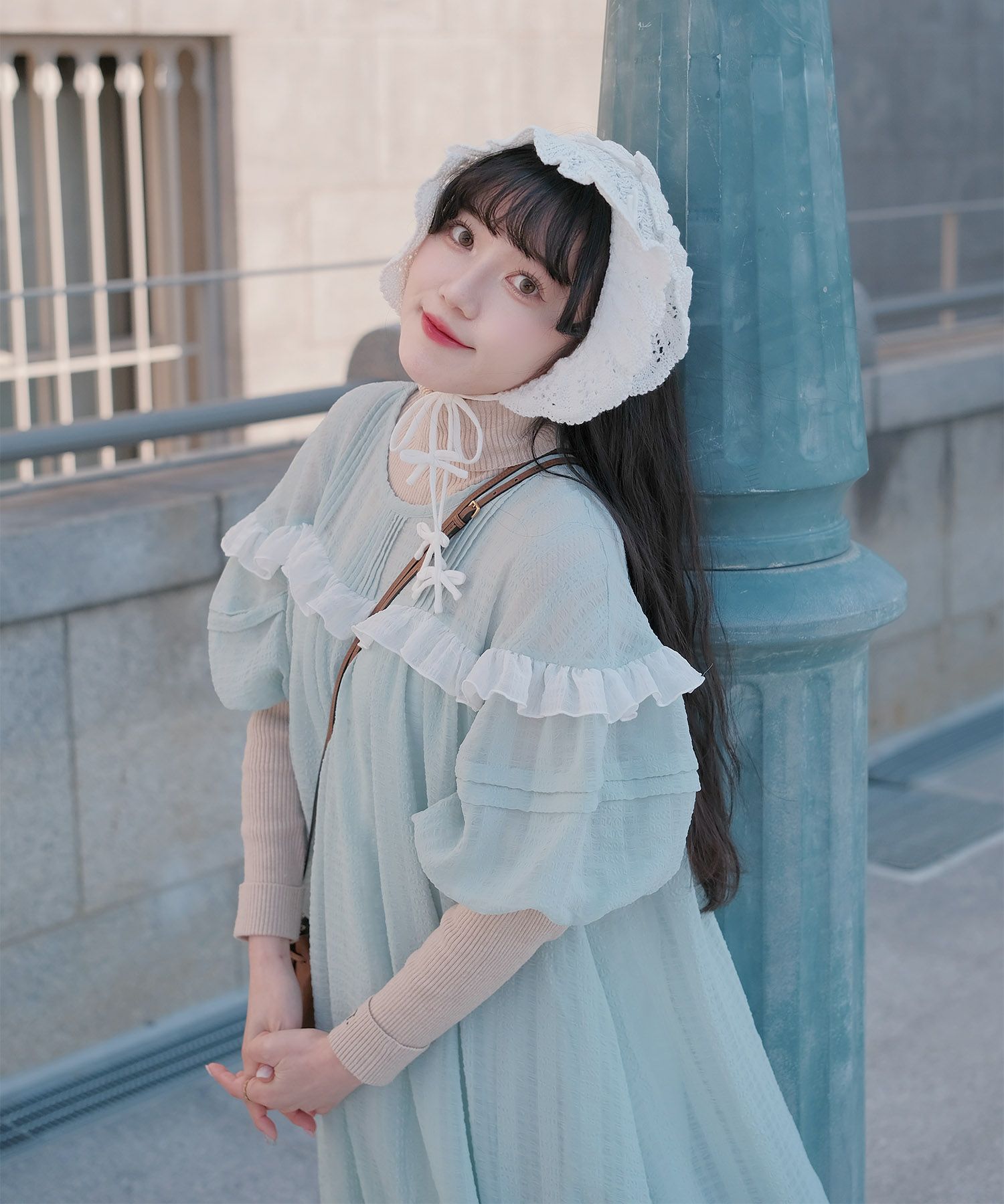 ギンガムチェック  ロング シアー フリル  ピンクベージュ/ブルーグリーン/M