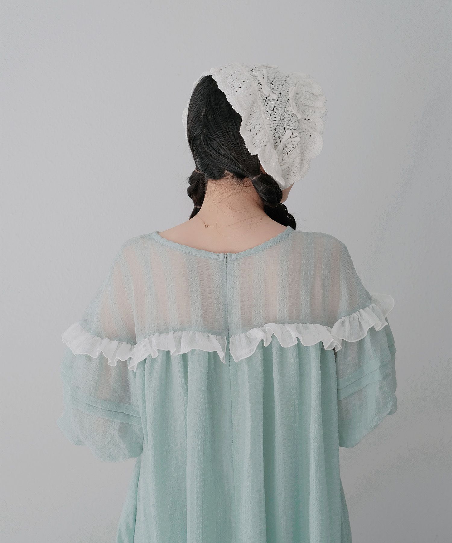 ギンガムチェック  ロング シアー フリル  ピンクベージュ/ブルーグリーン/M