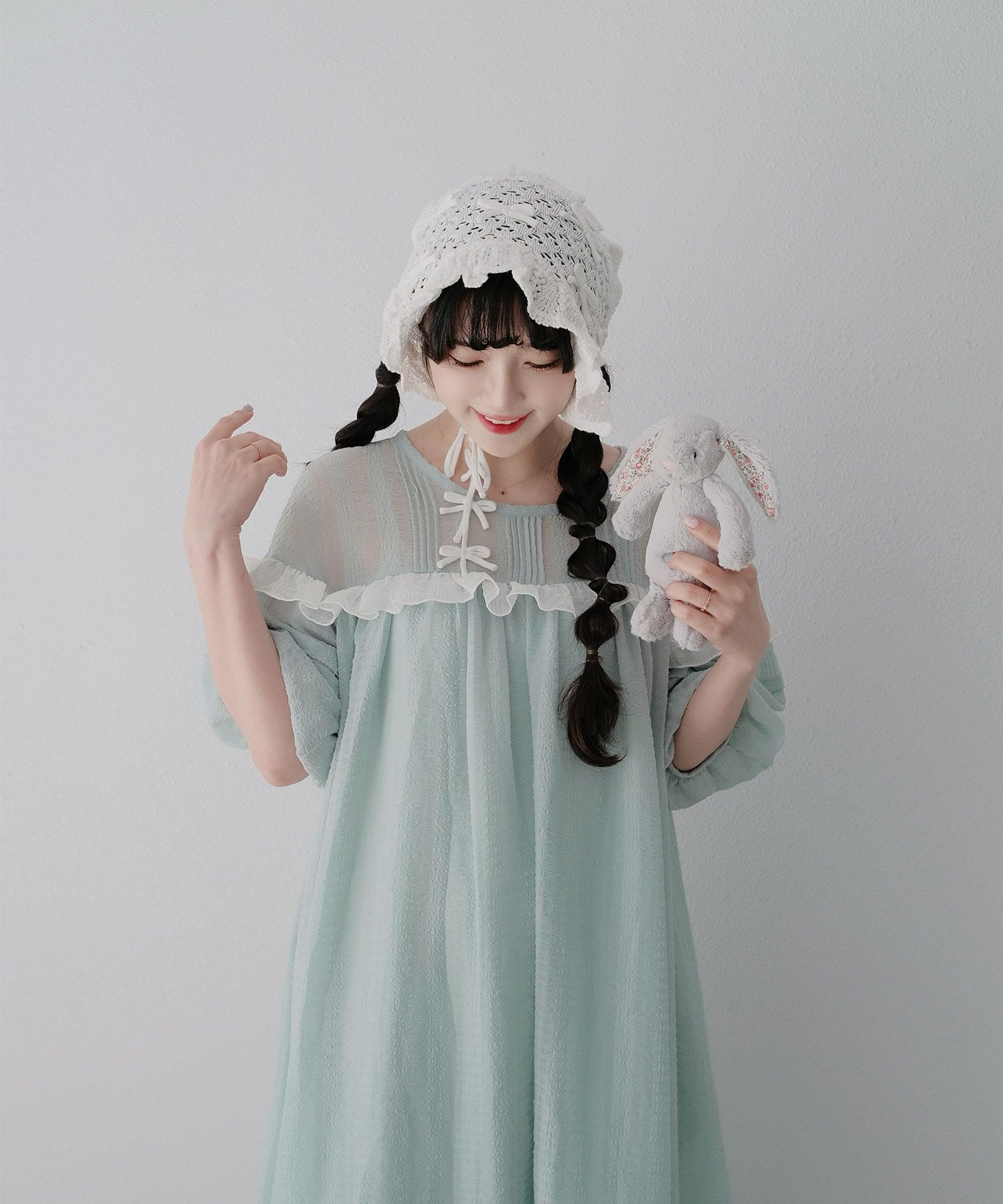 ギンガムチェック  ロング シアー フリル  ピンクベージュ/ブルーグリーン/M