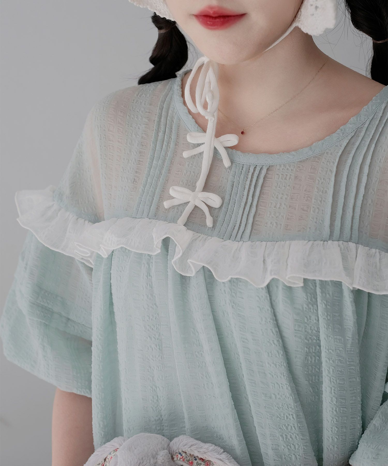 ギンガムチェック  ロング シアー フリル  ピンクベージュ/ブルーグリーン/M