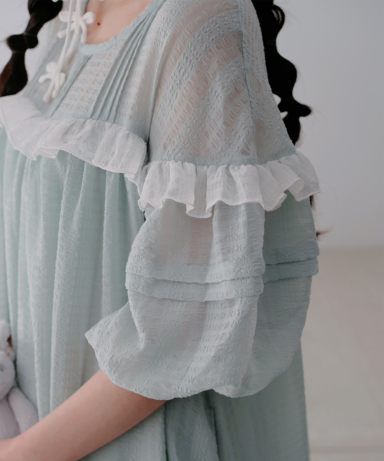 ギンガムチェック  ロング シアー フリル  ピンクベージュ/ブルーグリーン/M