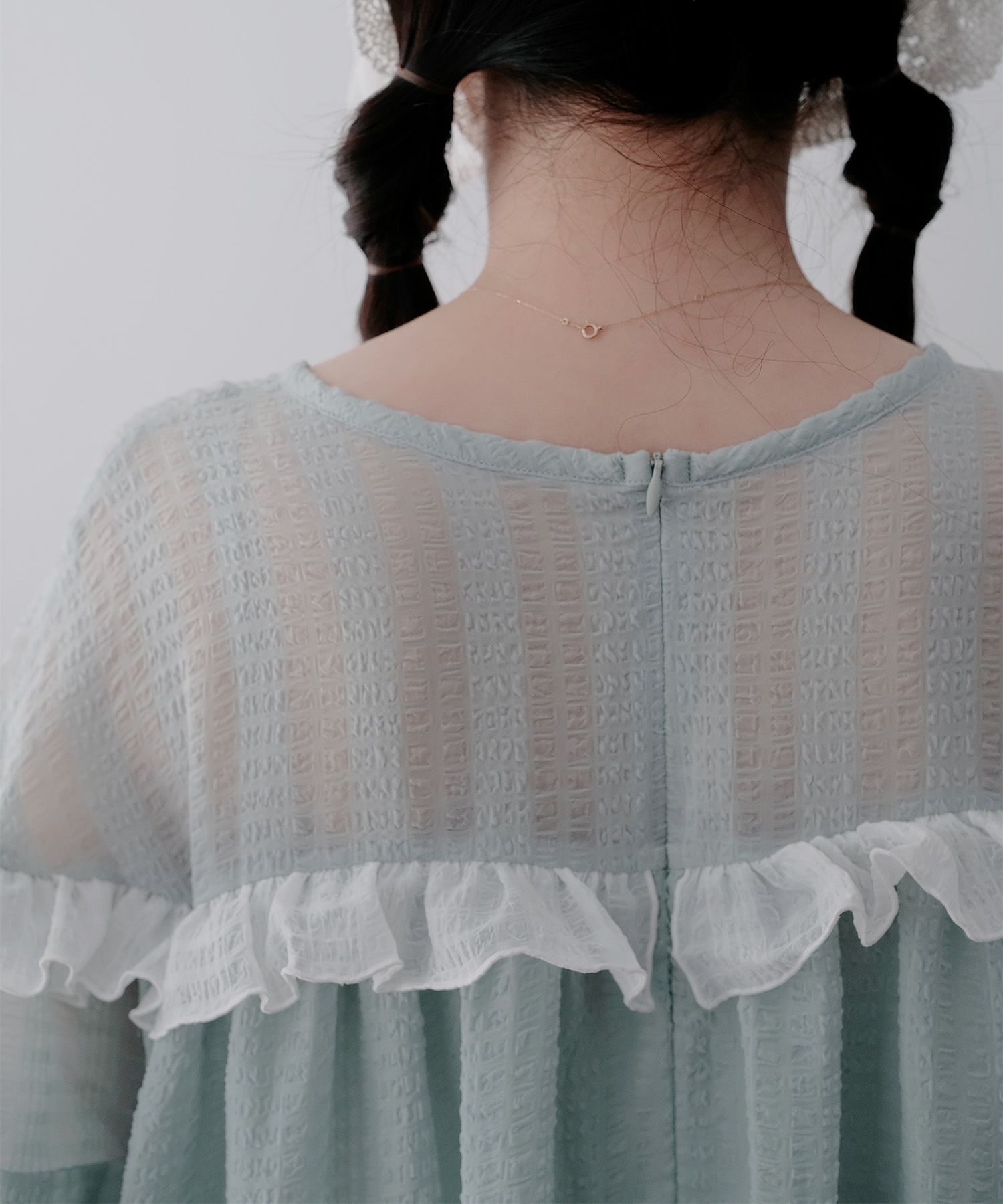 ギンガムチェック  ロング シアー フリル  ピンクベージュ/ブルーグリーン/M