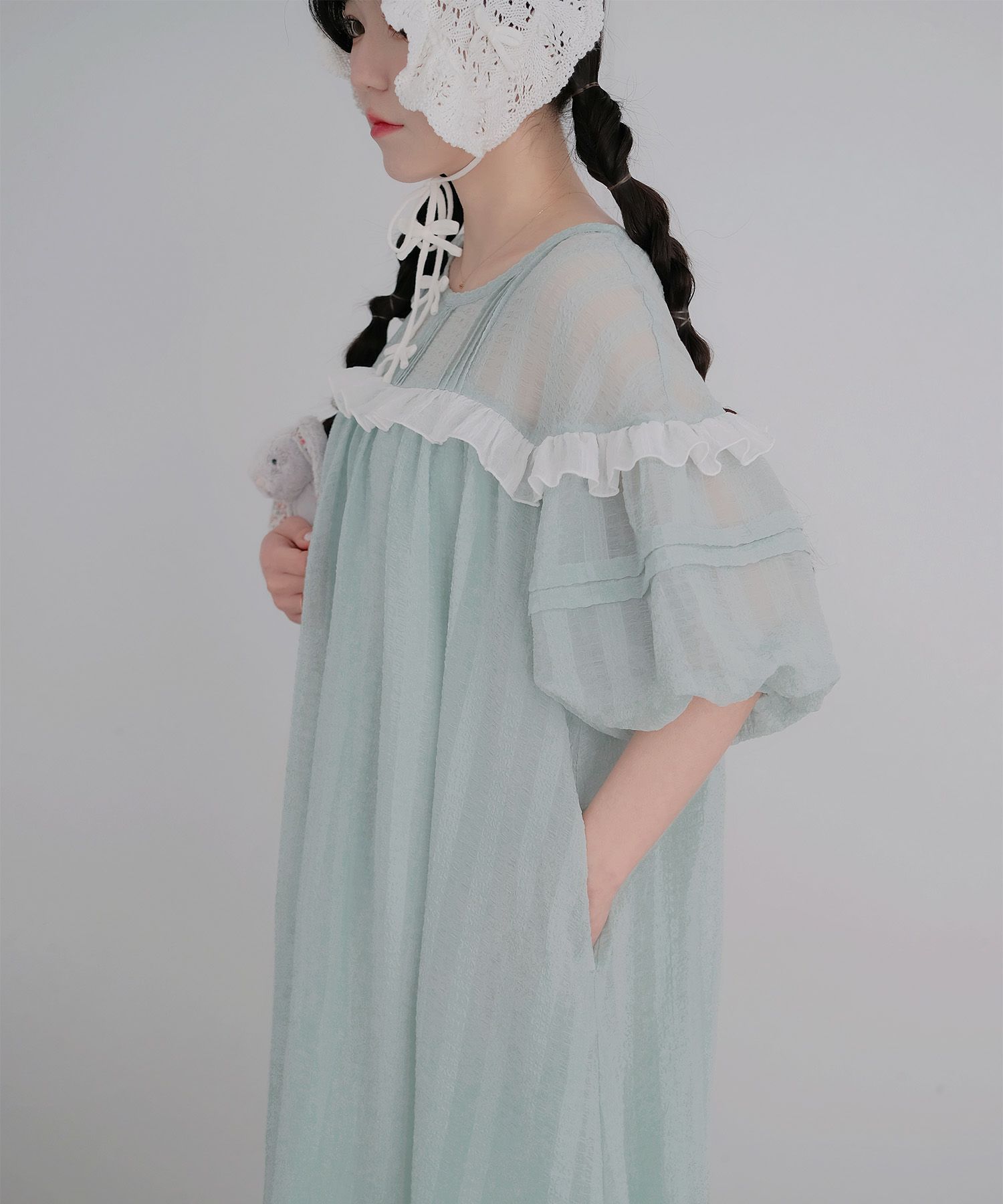 ギンガムチェック  ロング シアー フリル  ピンクベージュ/ブルーグリーン/M