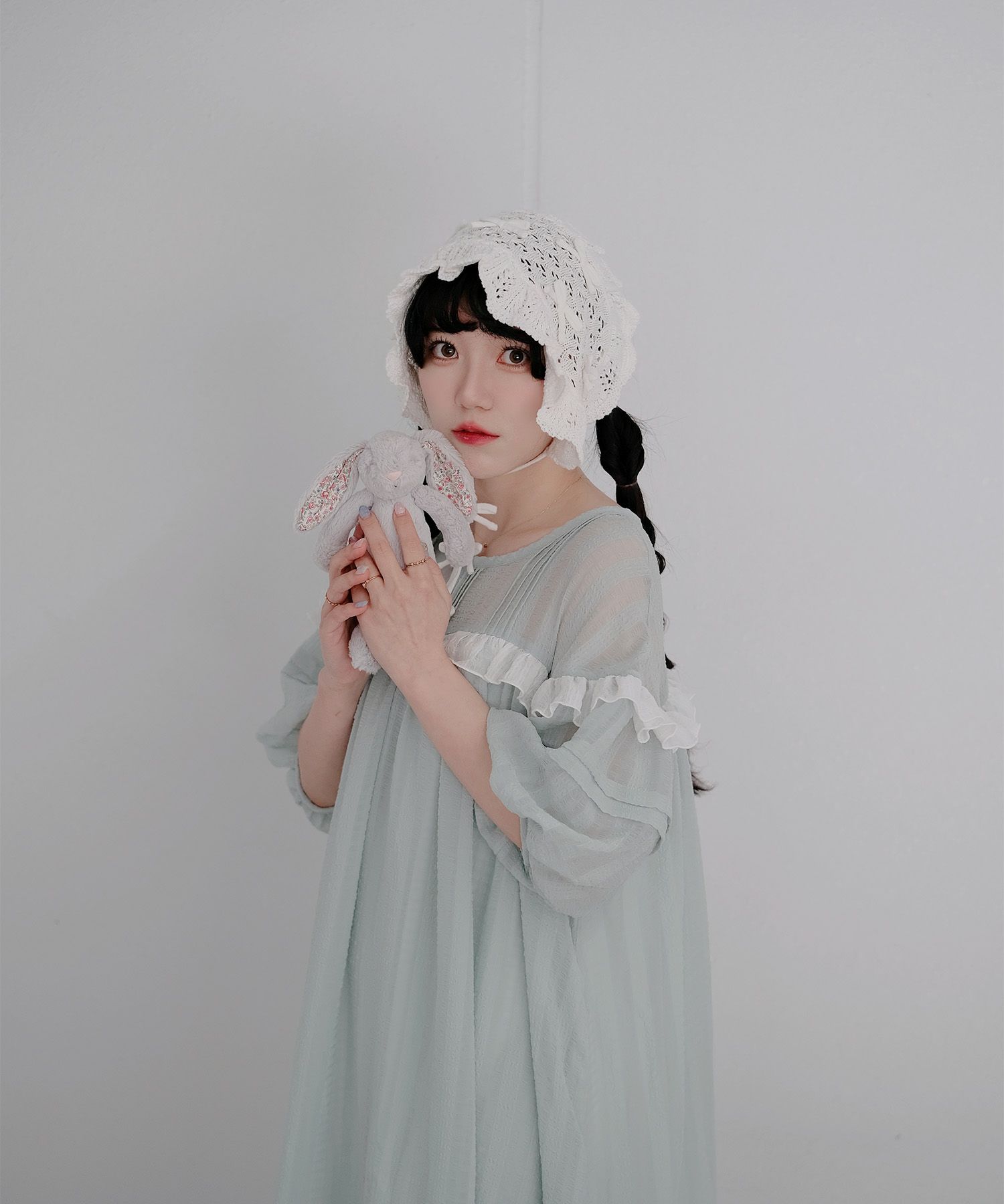 ギンガムチェック  ロング シアー フリル  ピンクベージュ/ブルーグリーン/M